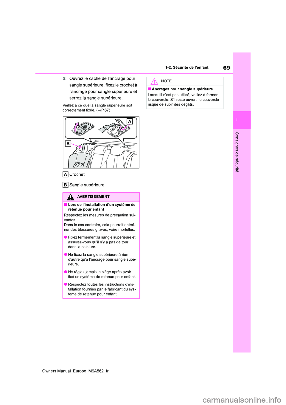 TOYOTA MIRAI 2023  Manuel du propriétaire (in French) 69
1
Owners Manual_Europe_M9A562_fr
1-2. Sécurité de l’enfant
Consignes de sécurité
2Ouvrez le cache de l’ancrage pour  
sangle supérieure, fixez le crochet à  
l’ancrage pour sangle supé