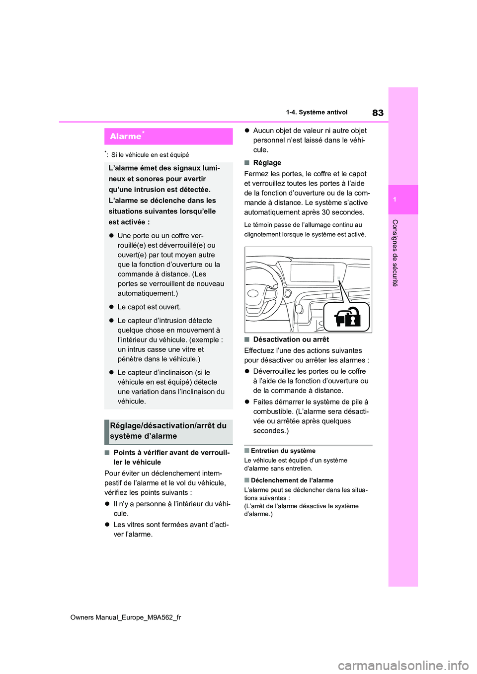 TOYOTA MIRAI 2023  Manuel du propriétaire (in French) 83
1
Owners Manual_Europe_M9A562_fr
1-4. Système antivol
Consignes de sécurité
*: Si le véhicule en est équipé
■Points à vérifier avant de verrouil- 
ler le véhicule 
Pour éviter un décle