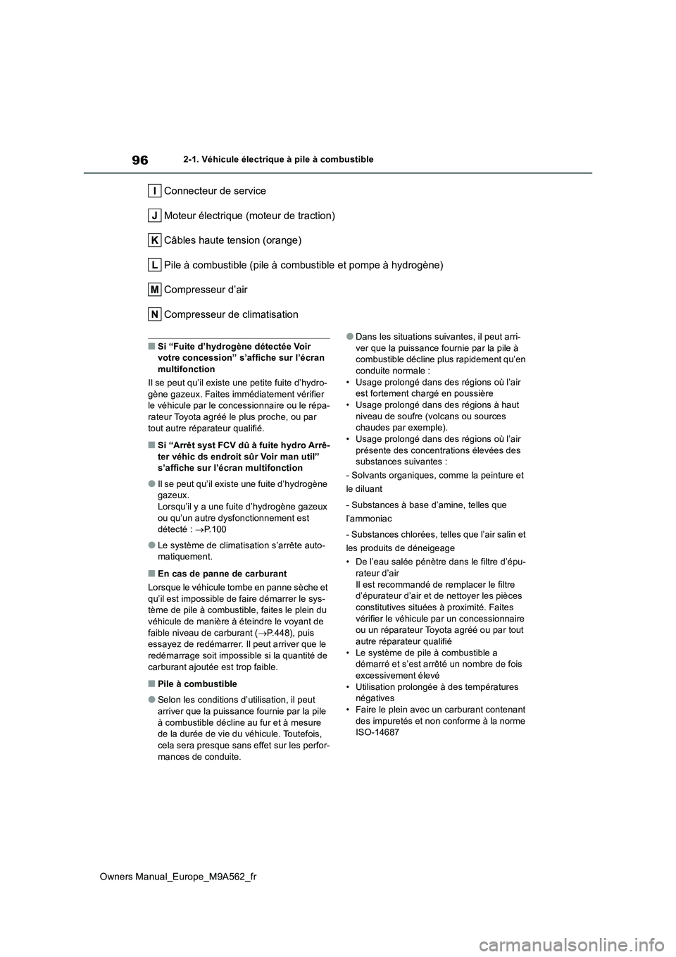 TOYOTA MIRAI 2023  Manuel du propriétaire (in French) 96
Owners Manual_Europe_M9A562_fr
2-1. Véhicule électrique à pile à combustible
Connecteur de service 
Moteur électrique (moteur de traction)
Câbles haute tension (orange)
Pile à combustible (p