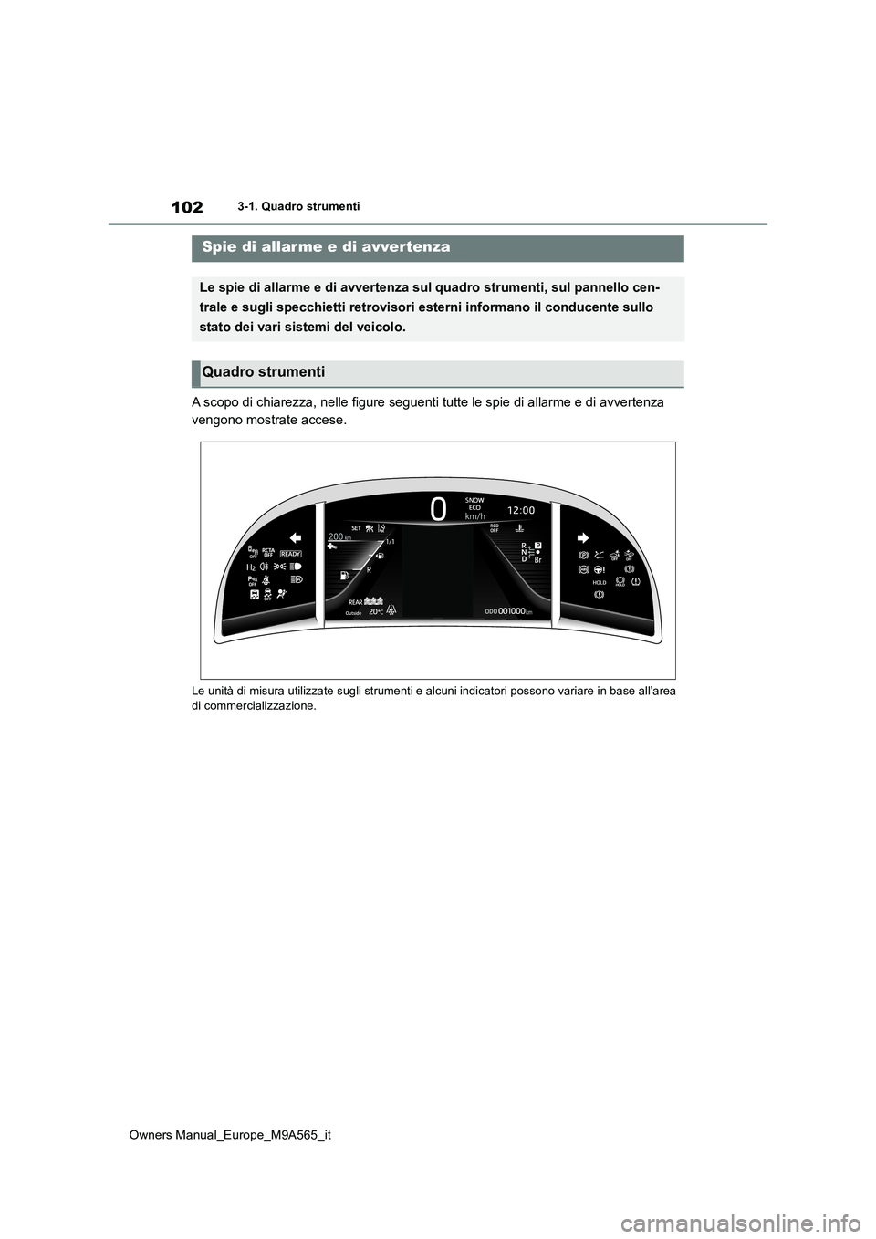 TOYOTA MIRAI 2023 Manuale duso (in Italian) 102
Owners Manual_Europe_M9A565_it
3-1. Quadro strumenti
3-1.Quadro strumenti
A scopo di chiarezza, nelle figure seguenti tutte le spie di allarme e di avvertenza
vengono mostrate accese.
Le unità TOYOTA MIRAI 2023 Manuale duso (in Italian) 102
Owners Manual_Europe_M9A565_it
3-1. Quadro strumenti
3-1.Quadro strumenti
A scopo di chiarezza, nelle figure seguenti tutte le spie di allarme e di avvertenza
vengono mostrate accese.
Le unità