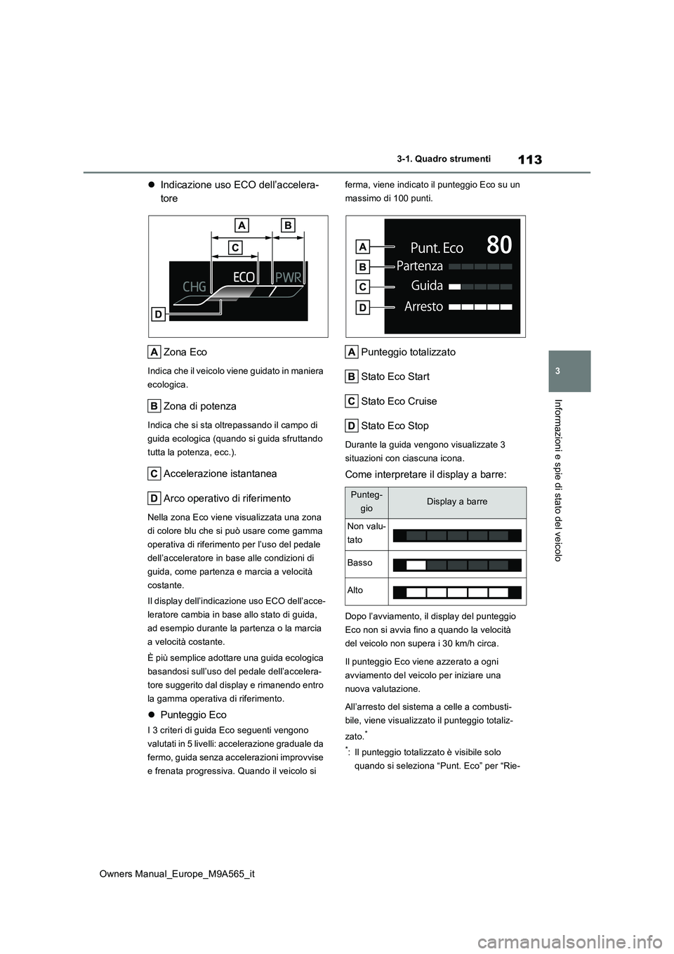 TOYOTA MIRAI 2023 Manuale duso (in Italian) 113
3
Owners Manual_Europe_M9A565_it
3-1. Quadro strumenti
Informazioni e spie di stato del veicolo
Indicazione uso ECO dell’accelera-
tore
Zona Eco
Indica che il veicolo viene guidato in manie TOYOTA MIRAI 2023 Manuale duso (in Italian) 113
3
Owners Manual_Europe_M9A565_it
3-1. Quadro strumenti
Informazioni e spie di stato del veicolo
Indicazione uso ECO dell’accelera-
tore
Zona Eco
Indica che il veicolo viene guidato in manie