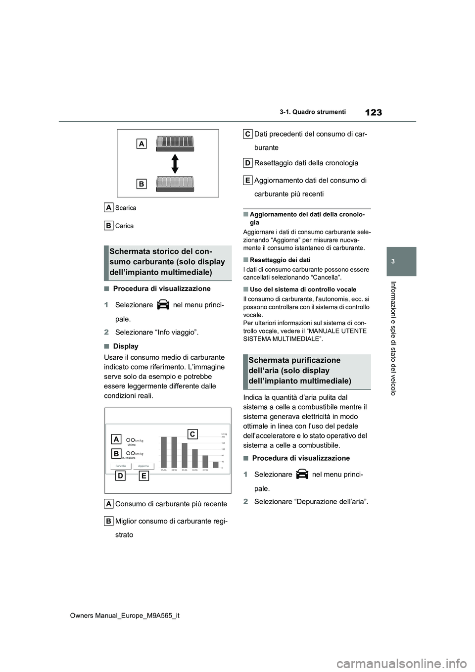 TOYOTA MIRAI 2023 Manuale duso (in Italian) 123
3
Owners Manual_Europe_M9A565_it
3-1. Quadro strumenti
Informazioni e spie di stato del veicolo
Scarica
Carica
■Procedura di visualizzazione
1 Selezionare nel menu princi-
pale.
2 Selezion TOYOTA MIRAI 2023 Manuale duso (in Italian) 123
3
Owners Manual_Europe_M9A565_it
3-1. Quadro strumenti
Informazioni e spie di stato del veicolo
Scarica
Carica
■Procedura di visualizzazione
1 Selezionare nel menu princi-
pale.
2 Selezion