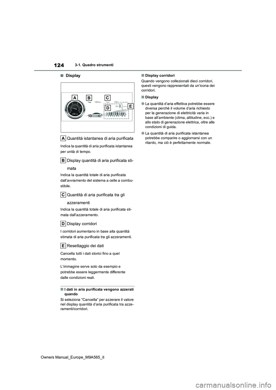 TOYOTA MIRAI 2023 Manuale duso (in Italian) 124
Owners Manual_Europe_M9A565_it
3-1. Quadro strumenti
■Display
Quantità istantanea di aria purificata
Indica la quantità di aria purificata istantanea
per unità di tempo.
Display quantità TOYOTA MIRAI 2023 Manuale duso (in Italian) 124
Owners Manual_Europe_M9A565_it
3-1. Quadro strumenti
■Display
Quantità istantanea di aria purificata
Indica la quantità di aria purificata istantanea
per unità di tempo.
Display quantità