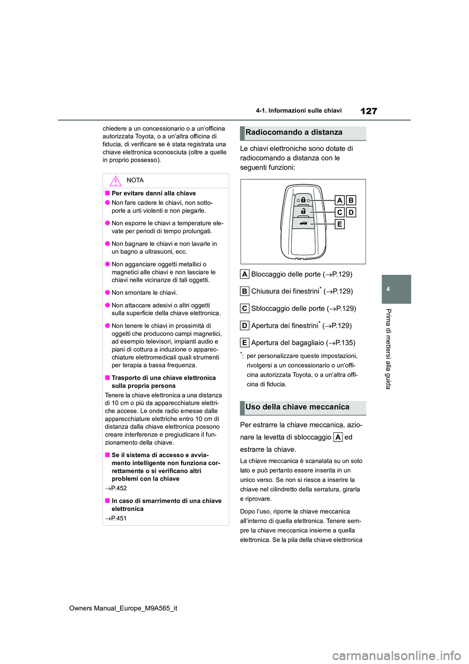 TOYOTA MIRAI 2023 Manuale duso (in Italian) 127
4
Owners Manual_Europe_M9A565_it
4-1. Informazioni sulle chiavi
Prima di mettersi alla guida
chiedere a un concessionario o a un’officina autorizzata Toyota, o a un’altra officina di fiducia, TOYOTA MIRAI 2023 Manuale duso (in Italian) 127
4
Owners Manual_Europe_M9A565_it
4-1. Informazioni sulle chiavi
Prima di mettersi alla guida
chiedere a un concessionario o a un’officina autorizzata Toyota, o a un’altra officina di fiducia,