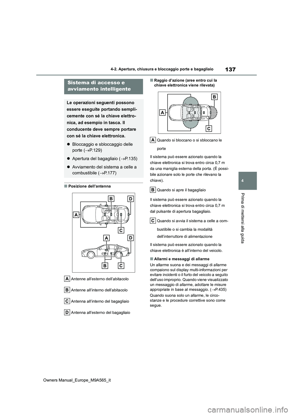 TOYOTA MIRAI 2023 Manuale duso (in Italian) 137
4
Owners Manual_Europe_M9A565_it
4-2. Apertura, chiusura e bloccaggio porte e bagagliaio
Prima di mettersi alla guida
■Posizione dell’antenna
Antenne all’esterno dell’abitacolo
Antenne a TOYOTA MIRAI 2023 Manuale duso (in Italian) 137
4
Owners Manual_Europe_M9A565_it
4-2. Apertura, chiusura e bloccaggio porte e bagagliaio
Prima di mettersi alla guida
■Posizione dell’antenna
Antenne all’esterno dell’abitacolo
Antenne a