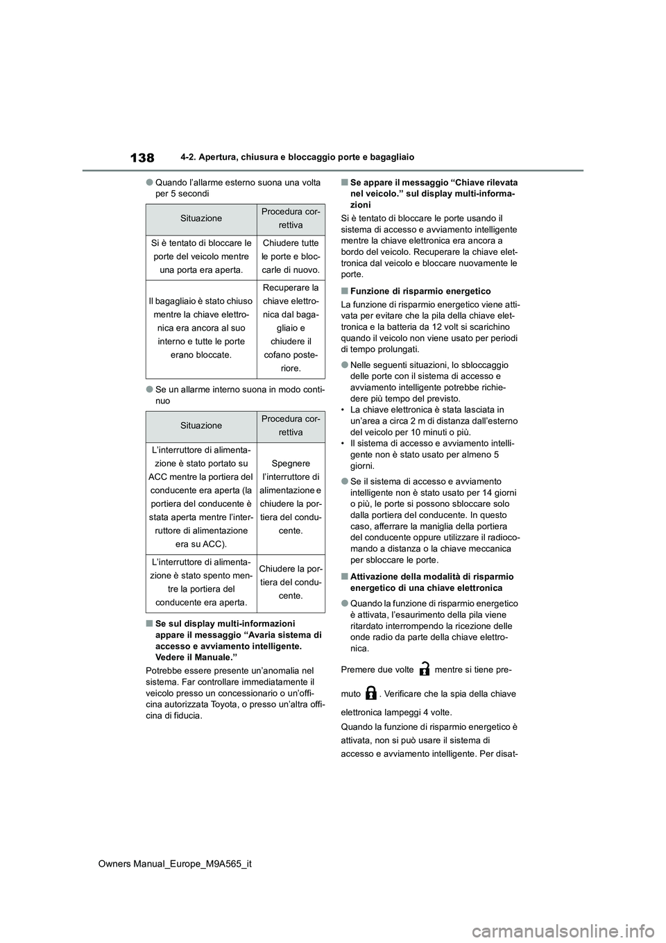 TOYOTA MIRAI 2023 Manuale duso (in Italian) 138
Owners Manual_Europe_M9A565_it
4-2. Apertura, chiusura e bloccaggio porte e bagagliaio
●Quando l’allarme esterno suona una volta per 5 secondi
●Se un allarme interno suona in modo conti-
n TOYOTA MIRAI 2023 Manuale duso (in Italian) 138
Owners Manual_Europe_M9A565_it
4-2. Apertura, chiusura e bloccaggio porte e bagagliaio
●Quando l’allarme esterno suona una volta per 5 secondi
●Se un allarme interno suona in modo conti-
n