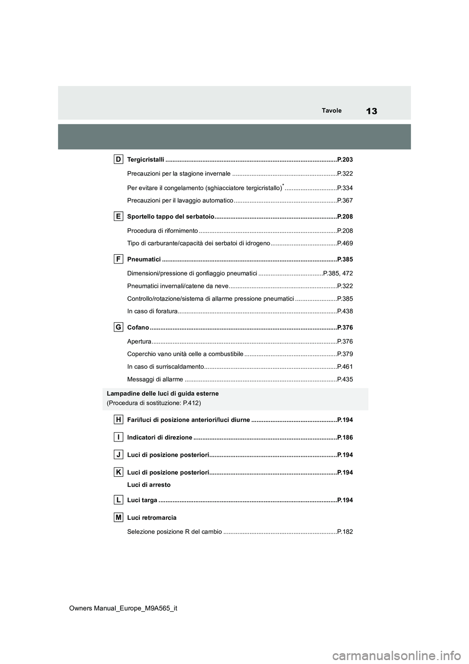 TOYOTA MIRAI 2023 Manuale duso (in Italian) 13
Owners Manual_Europe_M9A565_it
Tavole
Tergicristalli ..................................................................................................P.203
Precauzioni per la stagione invernale . TOYOTA MIRAI 2023 Manuale duso (in Italian) 13
Owners Manual_Europe_M9A565_it
Tavole
Tergicristalli ..................................................................................................P.203
Precauzioni per la stagione invernale .