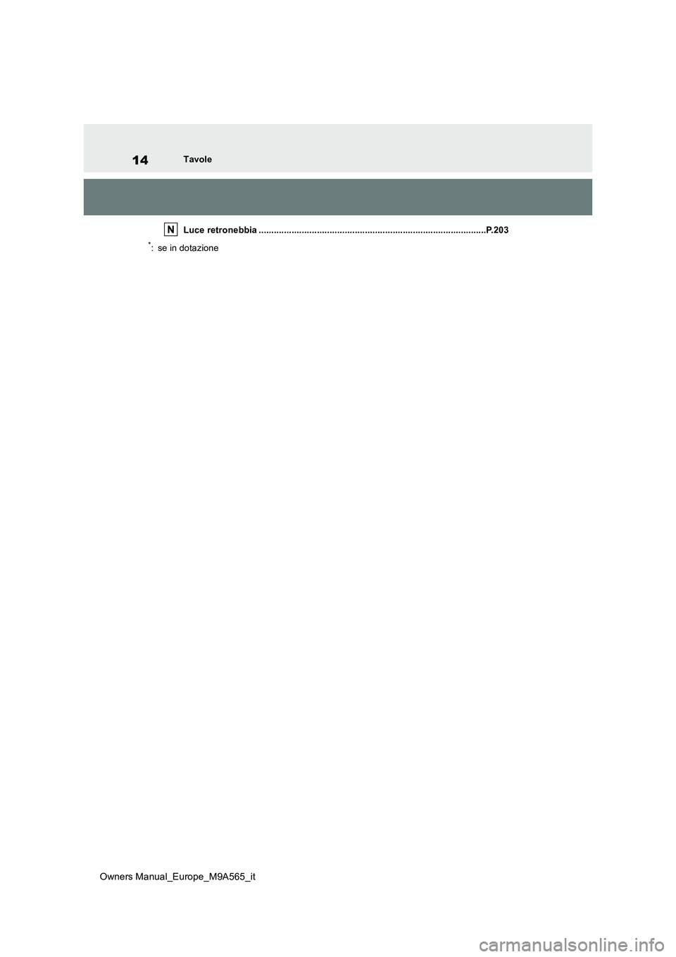 TOYOTA MIRAI 2023 Manuale duso (in Italian) 14
Owners Manual_Europe_M9A565_it
Tavole
Luce retronebbia ............................................... ...........................................P.203
*: se in dotazione TOYOTA MIRAI 2023 Manuale duso (in Italian) 14
Owners Manual_Europe_M9A565_it
Tavole
Luce retronebbia ............................................... ...........................................P.203
*: se in dotazione