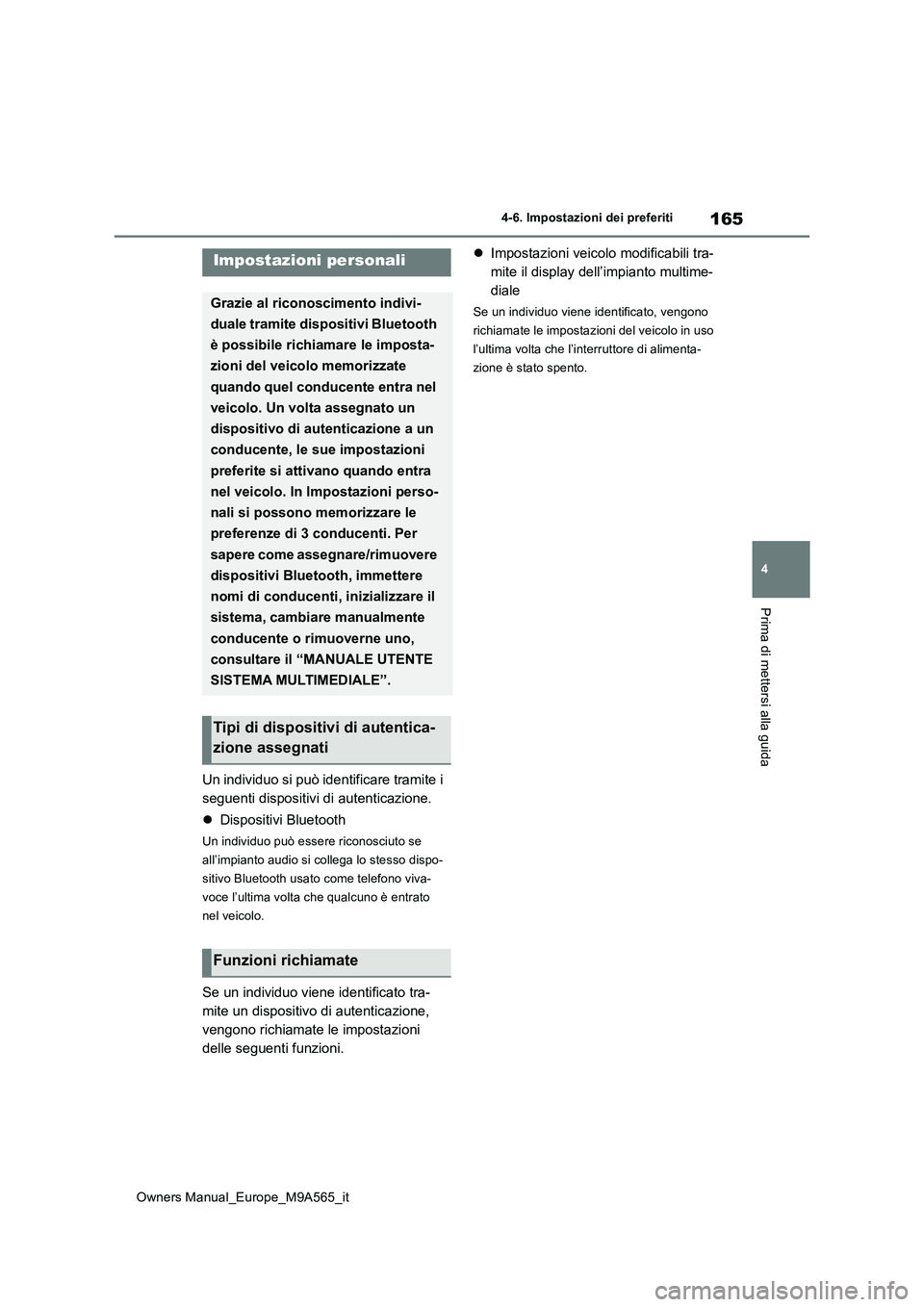 TOYOTA MIRAI 2023 Manuale duso (in Italian) 165
4
Owners Manual_Europe_M9A565_it
4-6. Impostazioni dei preferiti
Prima di mettersi alla guida
4-6.Impo sta zioni de i prefe riti
Un individuo si può identificare tramite i
seguenti dispositivi TOYOTA MIRAI 2023 Manuale duso (in Italian) 165
4
Owners Manual_Europe_M9A565_it
4-6. Impostazioni dei preferiti
Prima di mettersi alla guida
4-6.Impo sta zioni de i prefe riti
Un individuo si può identificare tramite i
seguenti dispositivi