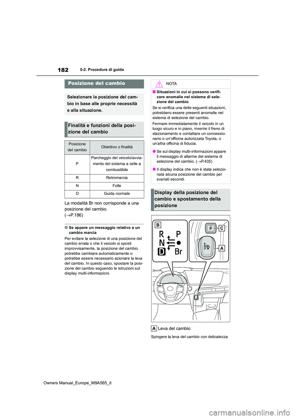TOYOTA MIRAI 2023 Manuale duso (in Italian) 182
Owners Manual_Europe_M9A565_it
5-2. Procedure di guida
La modalità Br non corrisponde a una
posizione del cambio.
( P.186)
■Se appare un messaggio relativo a un
cambio marcia
Per evitar TOYOTA MIRAI 2023 Manuale duso (in Italian) 182
Owners Manual_Europe_M9A565_it
5-2. Procedure di guida
La modalità Br non corrisponde a una
posizione del cambio.
( P.186)
■Se appare un messaggio relativo a un
cambio marcia
Per evitar