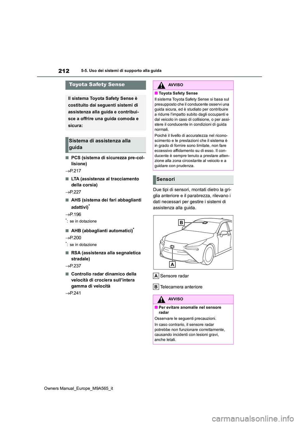 TOYOTA MIRAI 2023  Manuale duso (in Italian) 212
Owners Manual_Europe_M9A565_it
5-5. Uso dei sistemi di supporto alla guida
5-5.Uso dei sis te mi di su pporto alla  gu ida
■PCS (sistema di sicurezza pre-col- 
lisione) 
 P. 2 1 7
■LTA (ass
