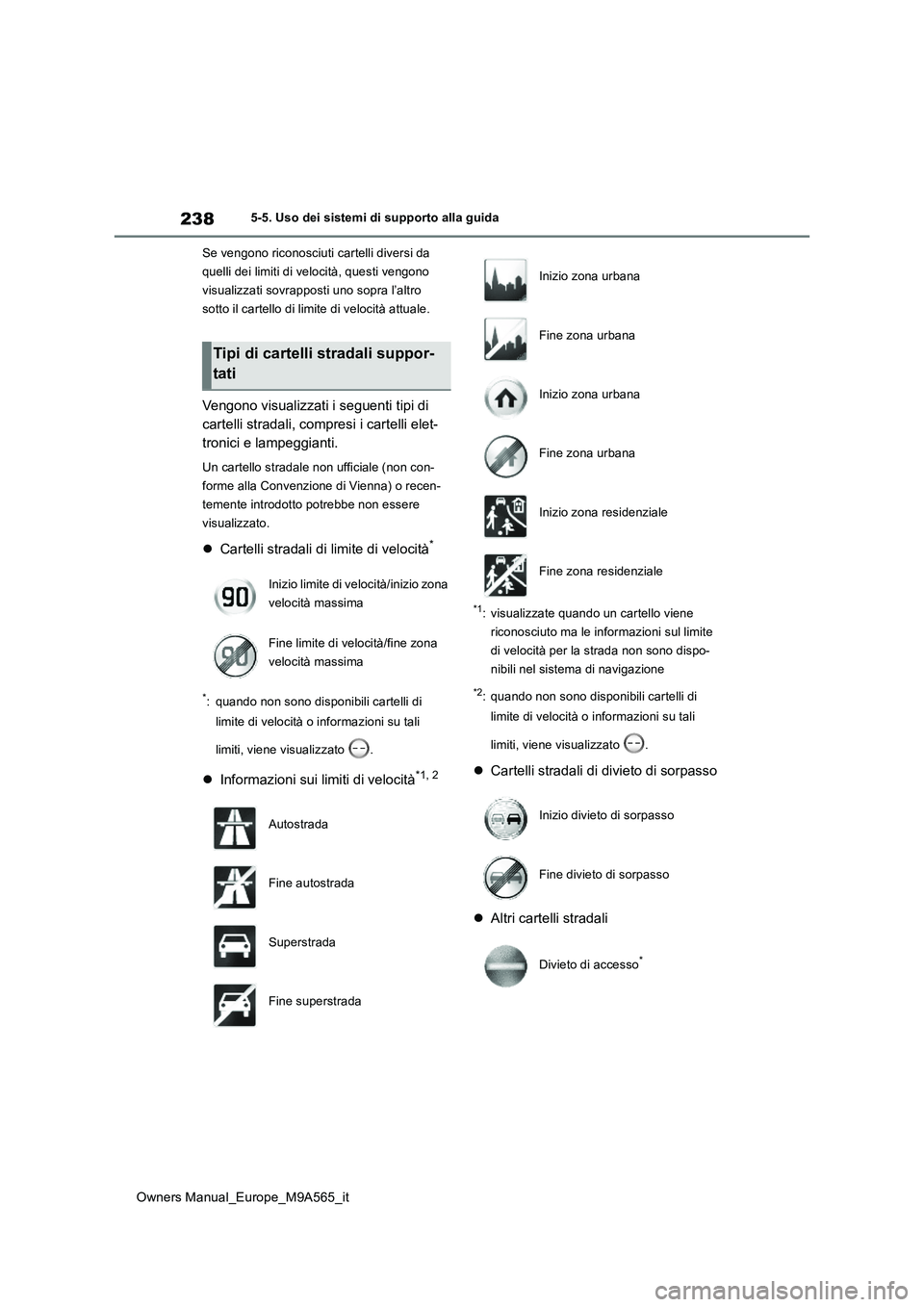 TOYOTA MIRAI 2023 Manuale duso (in Italian) 238
Owners Manual_Europe_M9A565_it
5-5. Uso dei sistemi di supporto alla guida
Se vengono riconosciuti cartelli diversi da
quelli dei limiti di velocità, questi vengono
visualizzati sovrapposti u TOYOTA MIRAI 2023 Manuale duso (in Italian) 238
Owners Manual_Europe_M9A565_it
5-5. Uso dei sistemi di supporto alla guida
Se vengono riconosciuti cartelli diversi da
quelli dei limiti di velocità, questi vengono
visualizzati sovrapposti u