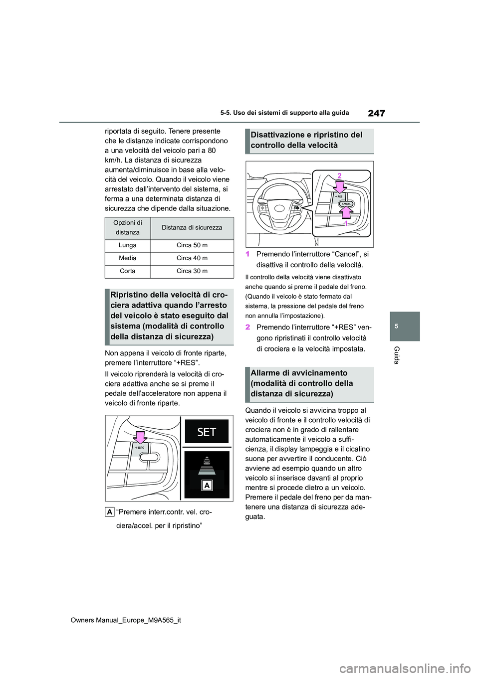 TOYOTA MIRAI 2023 Manuale duso (in Italian) 247
5
Owners Manual_Europe_M9A565_it
5-5. Uso dei sistemi di supporto alla guida
Guida
riportata di seguito. Tenere presente
che le distanze indicate corrispondono
a una velocità del veicolo pari TOYOTA MIRAI 2023 Manuale duso (in Italian) 247
5
Owners Manual_Europe_M9A565_it
5-5. Uso dei sistemi di supporto alla guida
Guida
riportata di seguito. Tenere presente
che le distanze indicate corrispondono
a una velocità del veicolo pari