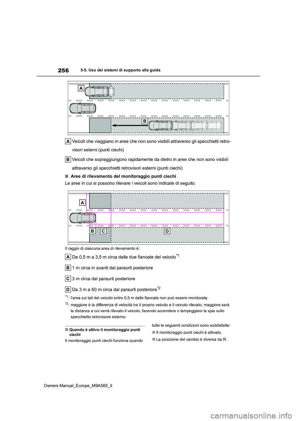 TOYOTA MIRAI 2023 Manuale duso (in Italian) 256
Owners Manual_Europe_M9A565_it
5-5. Uso dei sistemi di supporto alla guida
Veicoli che viaggiano in aree che non sono visibili attraverso gli specchietti retro-
visori esterni (punti ciechi)
Vei TOYOTA MIRAI 2023 Manuale duso (in Italian) 256
Owners Manual_Europe_M9A565_it
5-5. Uso dei sistemi di supporto alla guida
Veicoli che viaggiano in aree che non sono visibili attraverso gli specchietti retro-
visori esterni (punti ciechi)
Vei