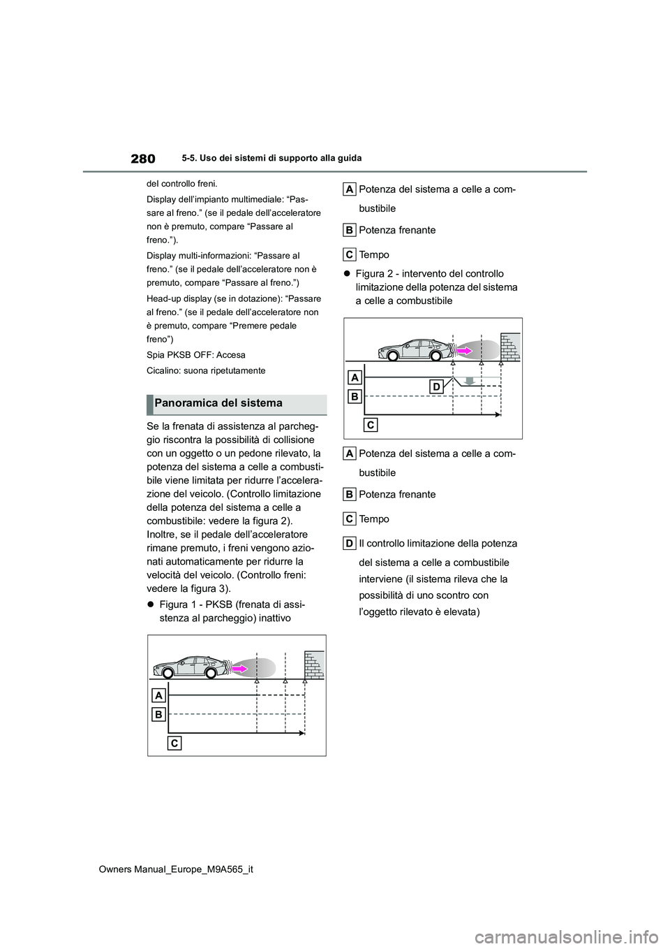 TOYOTA MIRAI 2023 Manuale duso (in Italian) 280
Owners Manual_Europe_M9A565_it
5-5. Uso dei sistemi di supporto alla guida
del controllo freni.
Display dell’impianto multimediale: “Pas-
sare al freno.” (se il pedale dell’acceleratore TOYOTA MIRAI 2023 Manuale duso (in Italian) 280
Owners Manual_Europe_M9A565_it
5-5. Uso dei sistemi di supporto alla guida
del controllo freni.
Display dell’impianto multimediale: “Pas-
sare al freno.” (se il pedale dell’acceleratore