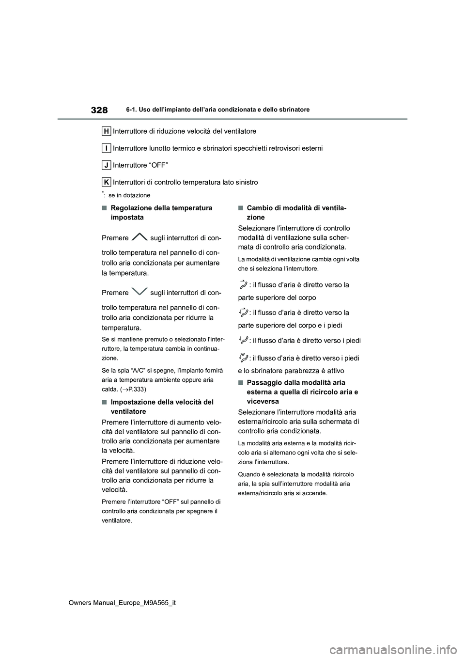 TOYOTA MIRAI 2023 Manuale duso (in Italian) 328
Owners Manual_Europe_M9A565_it
6-1. Uso dell’impianto dell’aria condizionata e dello sbrinatore
Interruttore di riduzione velocità del ventilatore
Interruttore lunotto termico e sbrinatori s TOYOTA MIRAI 2023 Manuale duso (in Italian) 328
Owners Manual_Europe_M9A565_it
6-1. Uso dell’impianto dell’aria condizionata e dello sbrinatore
Interruttore di riduzione velocità del ventilatore
Interruttore lunotto termico e sbrinatori s