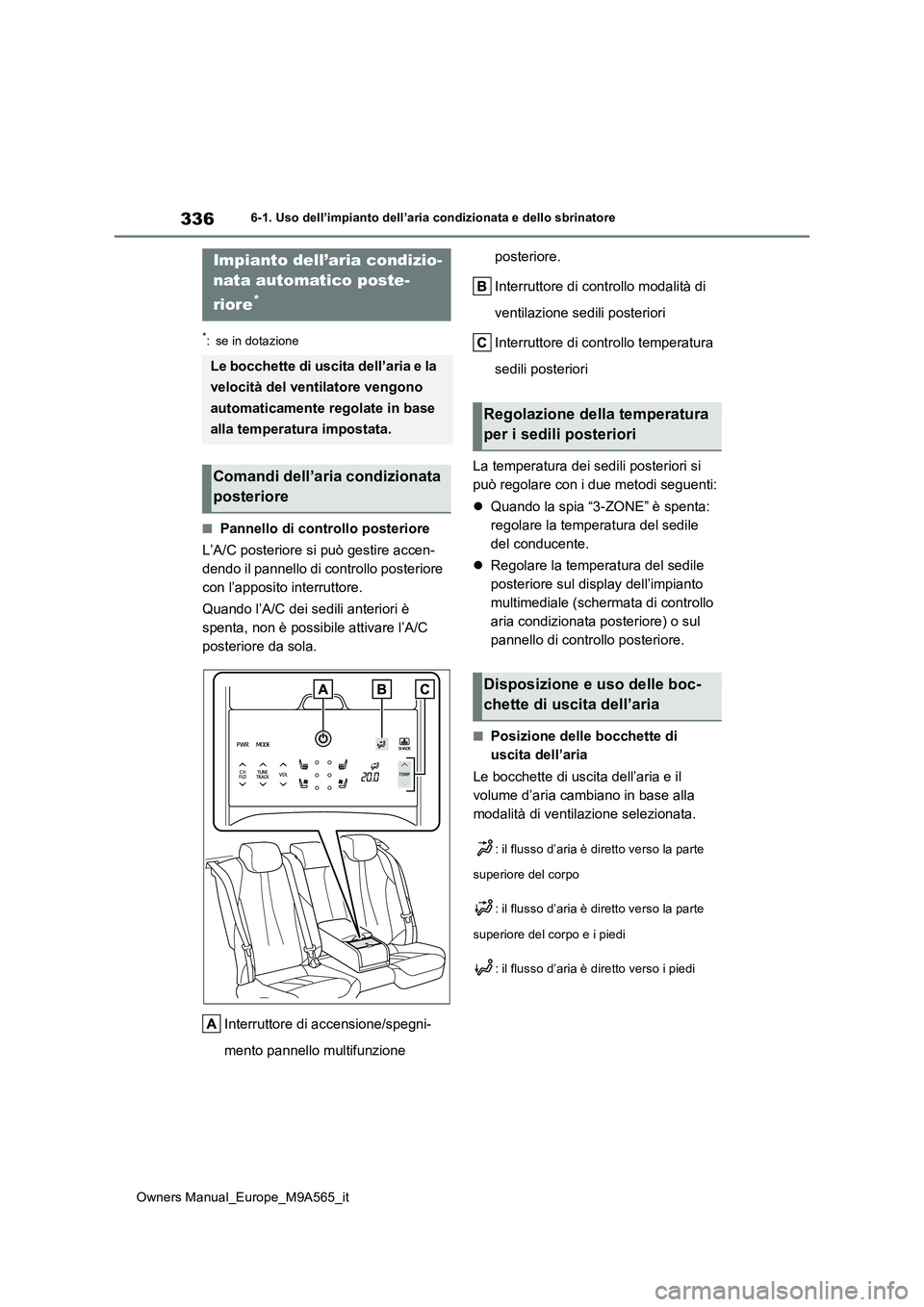 TOYOTA MIRAI 2023 Manuale duso (in Italian) 336
Owners Manual_Europe_M9A565_it
6-1. Uso dell’impianto dell’aria condizionata e dello sbrinatore
*: se in dotazione
■Pannello di controllo posteriore
L’A/C posteriore si può gestire accen TOYOTA MIRAI 2023 Manuale duso (in Italian) 336
Owners Manual_Europe_M9A565_it
6-1. Uso dell’impianto dell’aria condizionata e dello sbrinatore
*: se in dotazione
■Pannello di controllo posteriore
L’A/C posteriore si può gestire accen