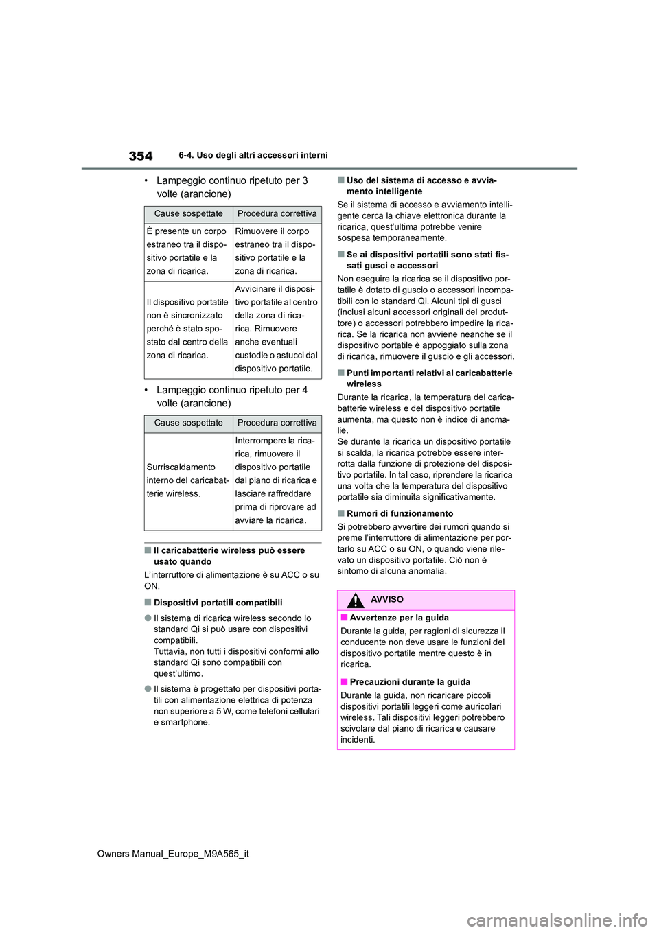 TOYOTA MIRAI 2023 Manuale duso (in Italian) 354
Owners Manual_Europe_M9A565_it
6-4. Uso degli altri accessori interni
• Lampeggio continuo ripetuto per 3
volte (arancione)
• Lampeggio continuo ripetuto per 4
volte (arancione)
■Il car TOYOTA MIRAI 2023 Manuale duso (in Italian) 354
Owners Manual_Europe_M9A565_it
6-4. Uso degli altri accessori interni
• Lampeggio continuo ripetuto per 3
volte (arancione)
• Lampeggio continuo ripetuto per 4
volte (arancione)
■Il car