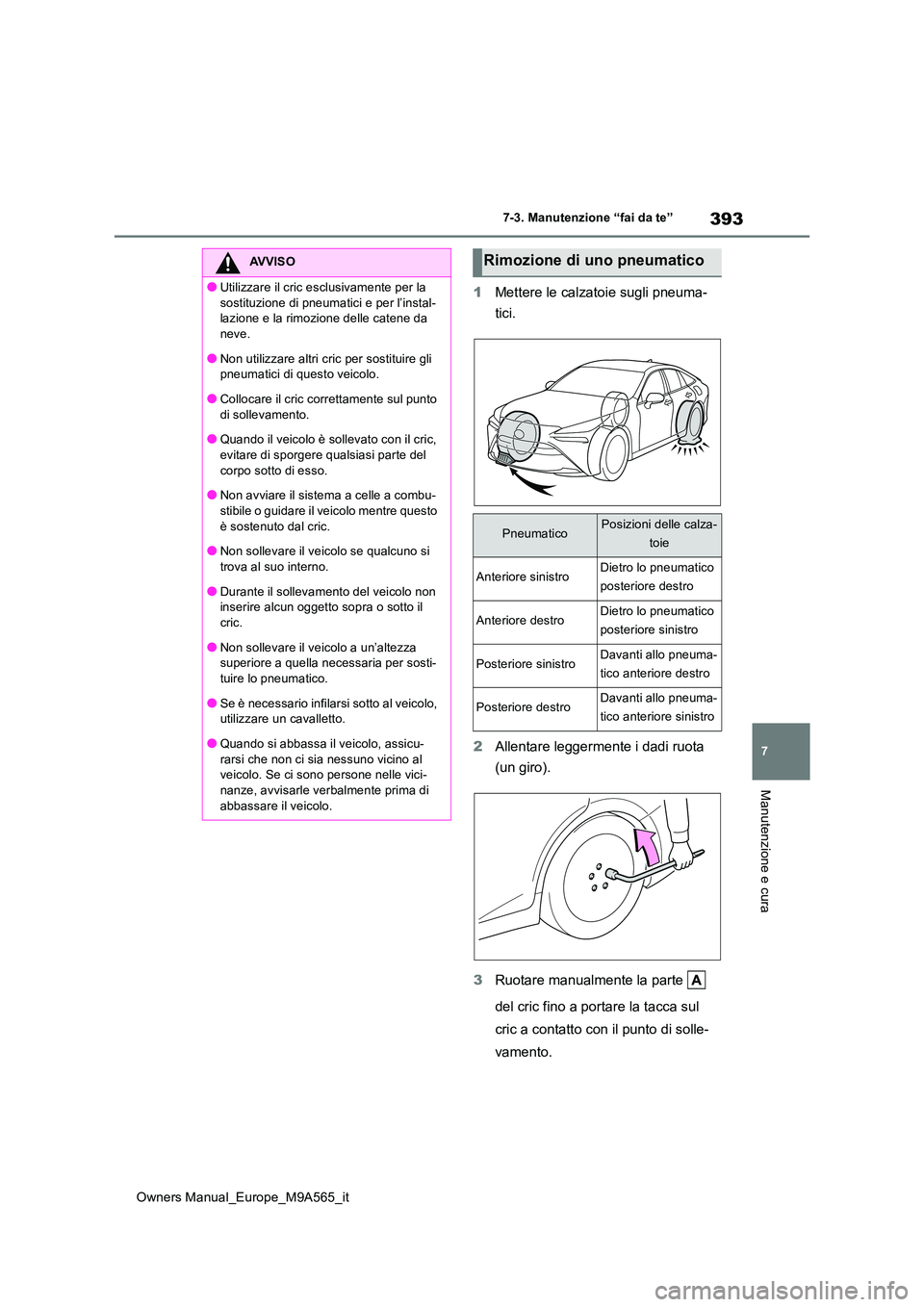 TOYOTA MIRAI 2023 Manuale duso (in Italian) 393
7
Owners Manual_Europe_M9A565_it
7-3. Manutenzione “fai da te”
Manutenzione e cura
1Mettere le calzatoie sugli pneuma-
tici.
2 Allentare leggermente i dadi ruota
(un giro).
3 Ruotare manu TOYOTA MIRAI 2023 Manuale duso (in Italian) 393
7
Owners Manual_Europe_M9A565_it
7-3. Manutenzione “fai da te”
Manutenzione e cura
1Mettere le calzatoie sugli pneuma-
tici.
2 Allentare leggermente i dadi ruota
(un giro).
3 Ruotare manu
