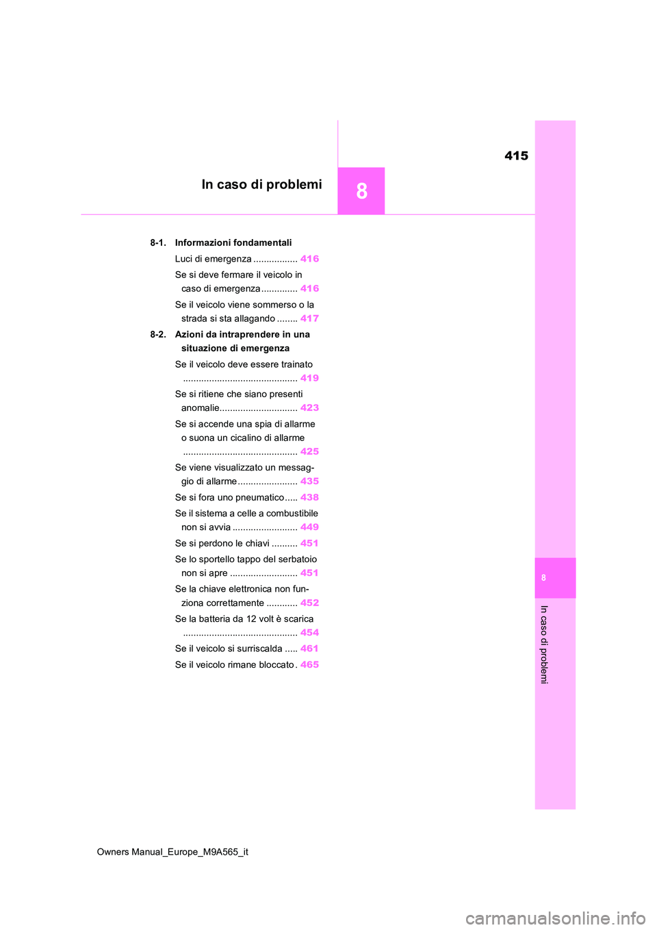 TOYOTA MIRAI 2023 Manuale duso (in Italian) 8
415
Owners Manual_Europe_M9A565_it
8
In caso di problemi
In caso di problemi
8-1. Informazioni fondamentali
Luci di emergenza ................. 416
Se si deve fermare il veicolo in
caso di emerg TOYOTA MIRAI 2023 Manuale duso (in Italian) 8
415
Owners Manual_Europe_M9A565_it
8
In caso di problemi
In caso di problemi
8-1. Informazioni fondamentali
Luci di emergenza ................. 416
Se si deve fermare il veicolo in
caso di emerg