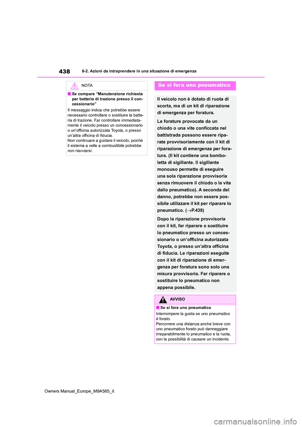 TOYOTA MIRAI 2023 Manuale duso (in Italian) 438
Owners Manual_Europe_M9A565_it
8-2. Azioni da intraprendere in una situazione di emergenza
NOTA
■Se compare “Manutenzione richiesta
per batteria di trazione presso il con- cessionario”
Il TOYOTA MIRAI 2023 Manuale duso (in Italian) 438
Owners Manual_Europe_M9A565_it
8-2. Azioni da intraprendere in una situazione di emergenza
NOTA
■Se compare “Manutenzione richiesta
per batteria di trazione presso il con- cessionario”
Il