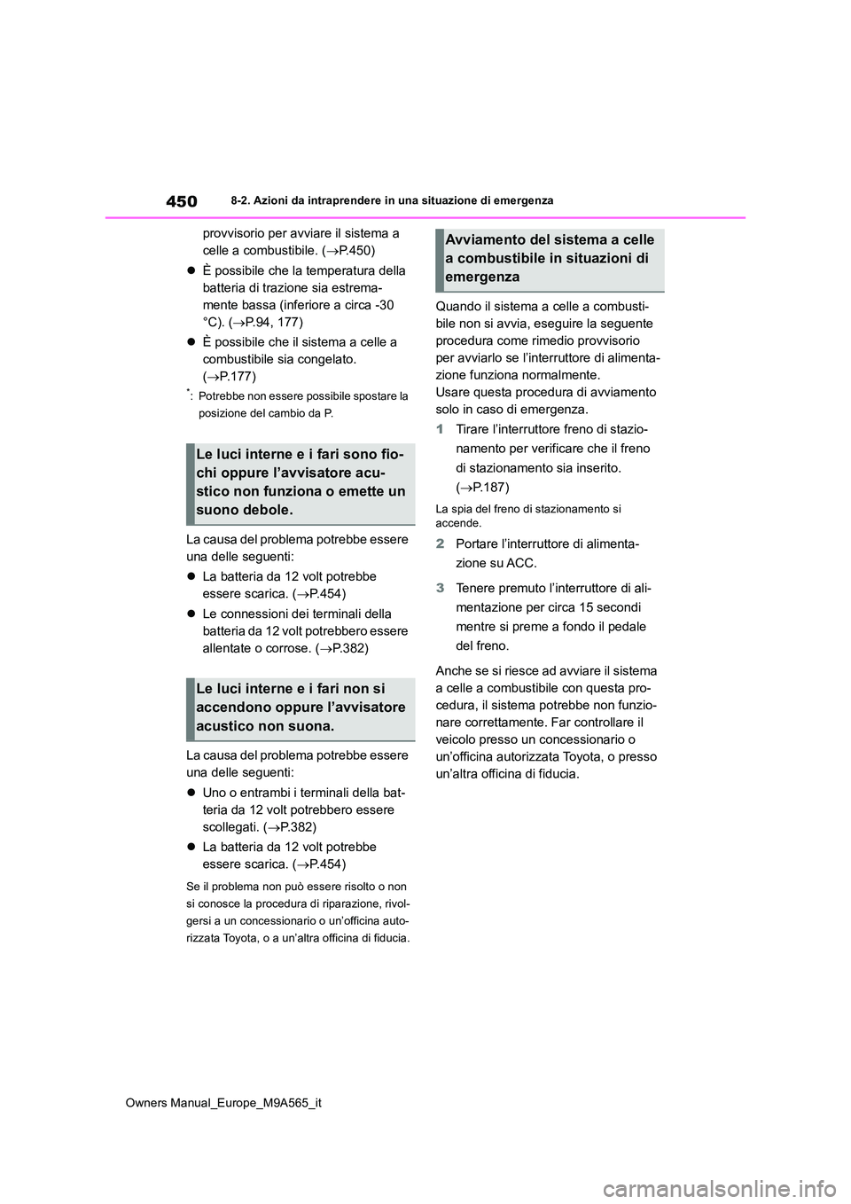 TOYOTA MIRAI 2023 Manuale duso (in Italian) 450
Owners Manual_Europe_M9A565_it
8-2. Azioni da intraprendere in una situazione di emergenza
provvisorio per avviare il sistema a
celle a combustibile. ( P.450)
È possibile che la tempera TOYOTA MIRAI 2023 Manuale duso (in Italian) 450
Owners Manual_Europe_M9A565_it
8-2. Azioni da intraprendere in una situazione di emergenza
provvisorio per avviare il sistema a
celle a combustibile. ( P.450)
È possibile che la tempera