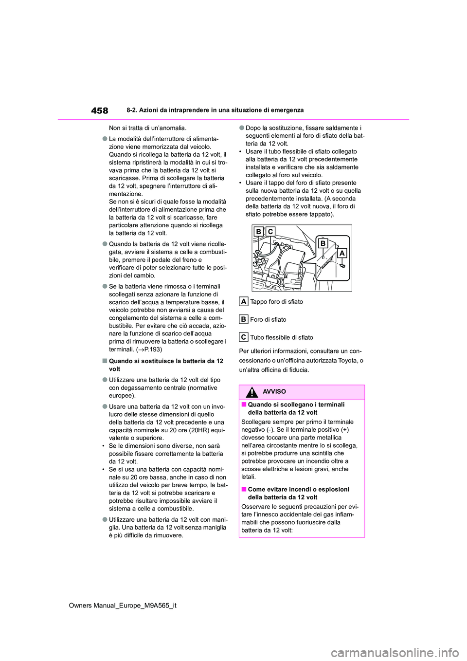 TOYOTA MIRAI 2023 Manuale duso (in Italian) 458
Owners Manual_Europe_M9A565_it
8-2. Azioni da intraprendere in una situazione di emergenza
Non si tratta di un’anomalia.
●La modalità dell’interruttore di alimenta-
zione viene memorizzat TOYOTA MIRAI 2023 Manuale duso (in Italian) 458
Owners Manual_Europe_M9A565_it
8-2. Azioni da intraprendere in una situazione di emergenza
Non si tratta di un’anomalia.
●La modalità dell’interruttore di alimenta-
zione viene memorizzat