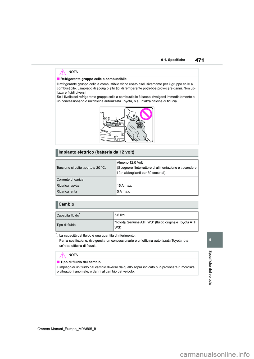 TOYOTA MIRAI 2023 Manuale duso (in Italian) 471
9
Owners Manual_Europe_M9A565_it
9-1. Specifiche
Specifiche del veicolo
*: La capacità del fluido è una quantità di riferimento.
Per la sostituzione, rivolgersi a un concessionario o un’offi TOYOTA MIRAI 2023 Manuale duso (in Italian) 471
9
Owners Manual_Europe_M9A565_it
9-1. Specifiche
Specifiche del veicolo
*: La capacità del fluido è una quantità di riferimento.
Per la sostituzione, rivolgersi a un concessionario o un’offi
