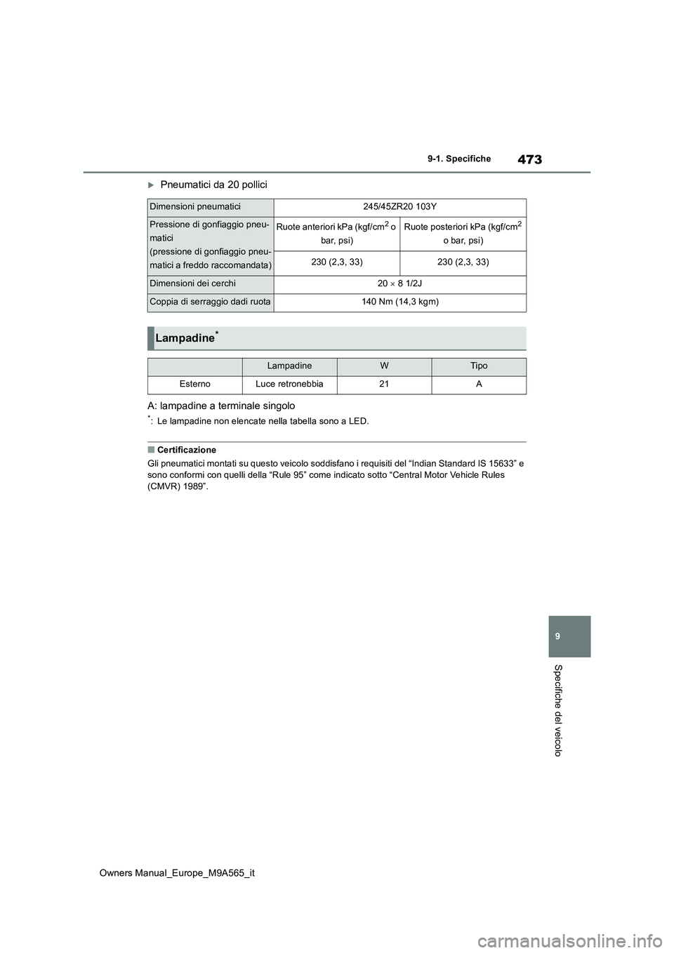TOYOTA MIRAI 2023 Manuale duso (in Italian) 473
9
Owners Manual_Europe_M9A565_it
9-1. Specifiche
Specifiche del veicolo
Pneumatici da 20 pollici
A: lampadine a terminale singolo
*: Le lampadine non elencate nella tabella sono a LED.
■Cert TOYOTA MIRAI 2023 Manuale duso (in Italian) 473
9
Owners Manual_Europe_M9A565_it
9-1. Specifiche
Specifiche del veicolo
Pneumatici da 20 pollici
A: lampadine a terminale singolo
*: Le lampadine non elencate nella tabella sono a LED.
■Cert