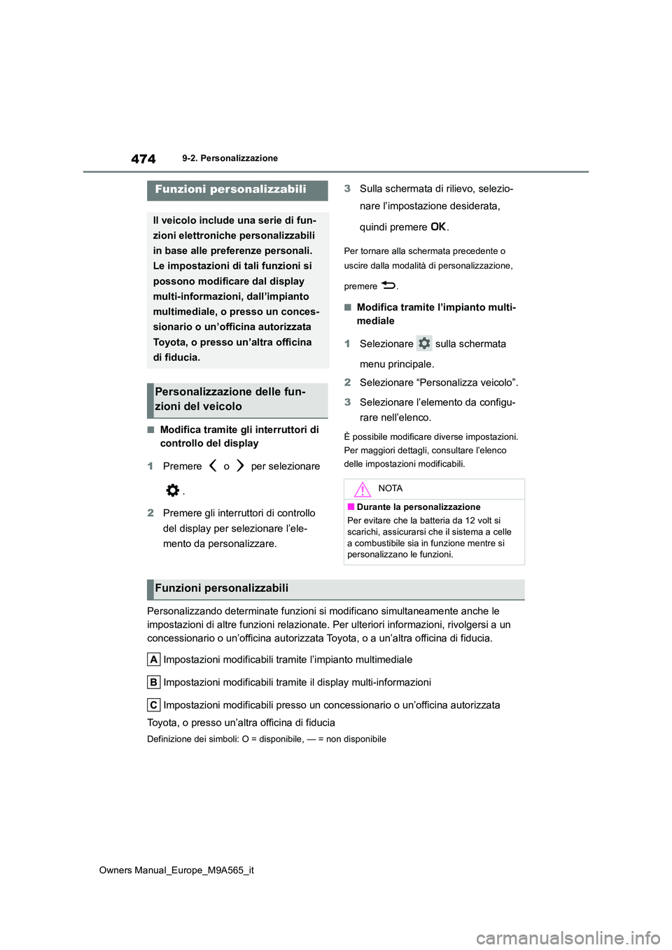 TOYOTA MIRAI 2023 Manuale duso (in Italian) 474
Owners Manual_Europe_M9A565_it
9-2. Personalizzazione
9-2.Persona lizza zione
■Modifica tramite gli interruttori di
controllo del display
1 Premere o per selezionare
.
2 Premere gli in TOYOTA MIRAI 2023 Manuale duso (in Italian) 474
Owners Manual_Europe_M9A565_it
9-2. Personalizzazione
9-2.Persona lizza zione
■Modifica tramite gli interruttori di
controllo del display
1 Premere o per selezionare
.
2 Premere gli in