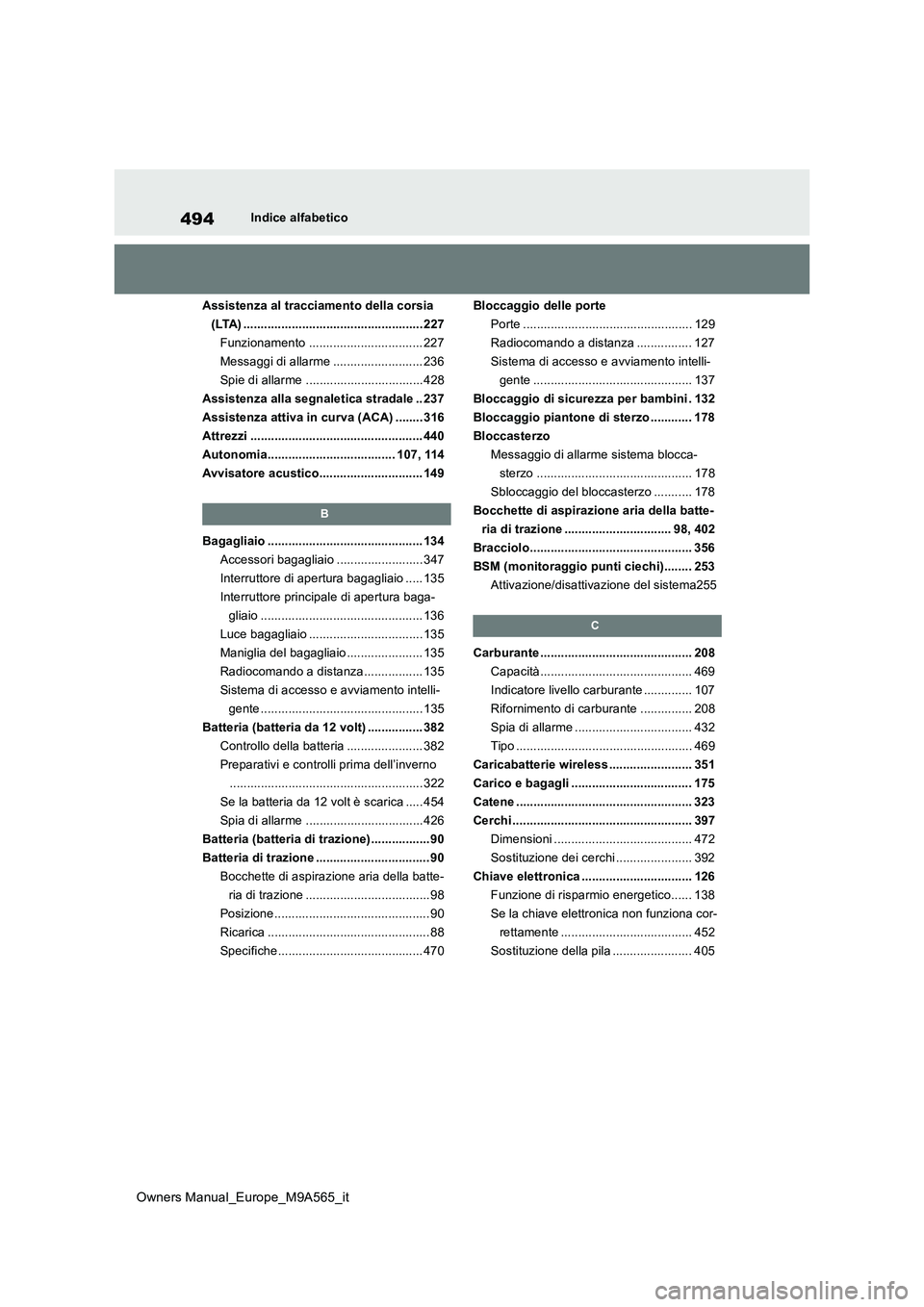 TOYOTA MIRAI 2023 Manuale duso (in Italian) 494
Owners Manual_Europe_M9A565_it
Indice alfabetico
Assistenza al tracciamento della corsia
(LTA) .................................................... 227
Funzionamento ........................... TOYOTA MIRAI 2023 Manuale duso (in Italian) 494
Owners Manual_Europe_M9A565_it
Indice alfabetico
Assistenza al tracciamento della corsia
(LTA) .................................................... 227
Funzionamento ...........................