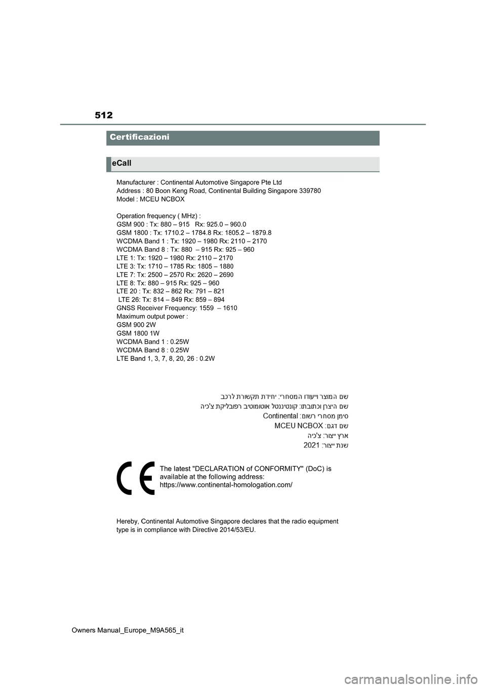 TOYOTA MIRAI 2023 Manuale duso (in Italian) 512
Owners Manual_Europe_M9A565_it
Certificazioni
eCall TOYOTA MIRAI 2023 Manuale duso (in Italian) 512
Owners Manual_Europe_M9A565_it
Certificazioni
eCall