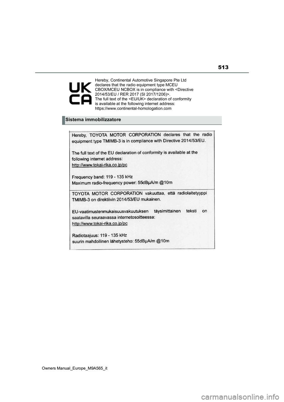 TOYOTA MIRAI 2023 Manuale duso (in Italian) 513
Owners Manual_Europe_M9A565_it
Sistema immobilizzatore TOYOTA MIRAI 2023 Manuale duso (in Italian) 513
Owners Manual_Europe_M9A565_it
Sistema immobilizzatore