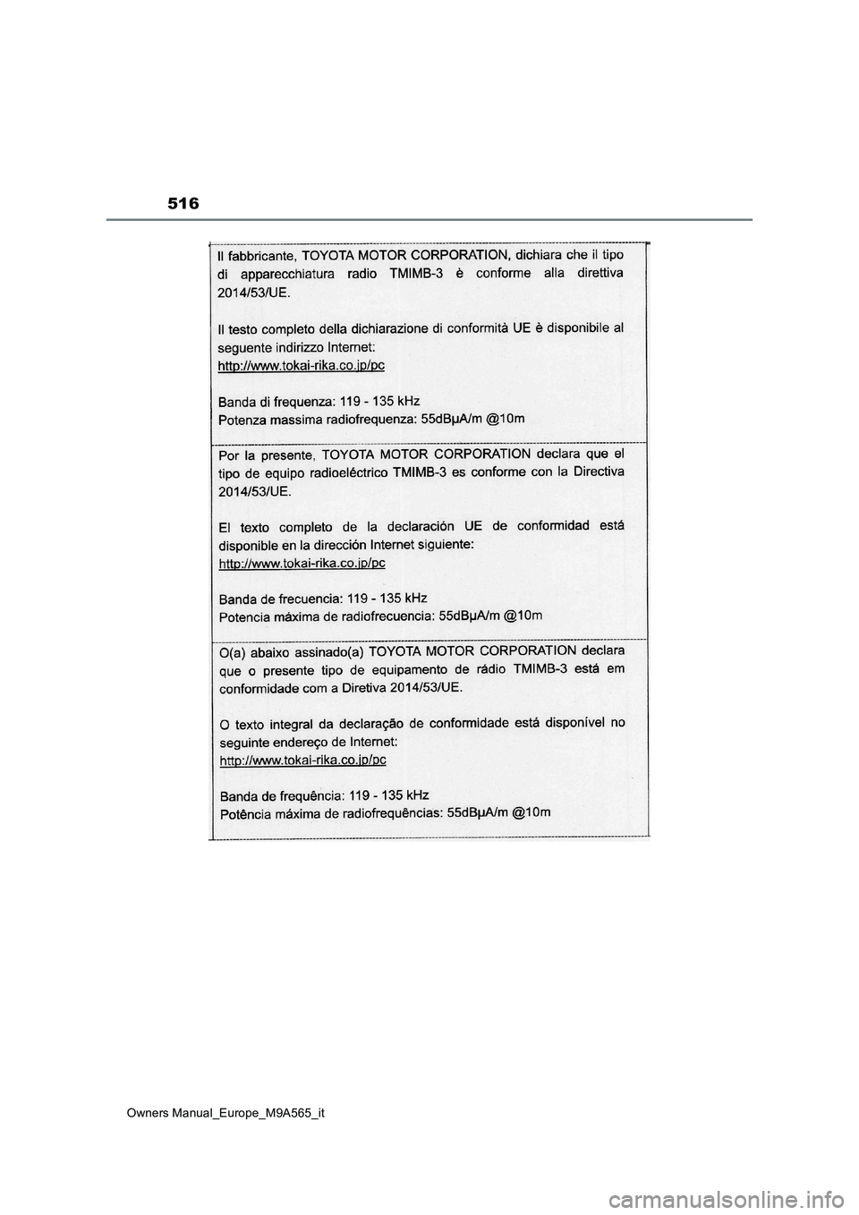 TOYOTA MIRAI 2023 Manuale duso (in Italian) 516
Owners Manual_Europe_M9A565_it TOYOTA MIRAI 2023 Manuale duso (in Italian) 516
Owners Manual_Europe_M9A565_it