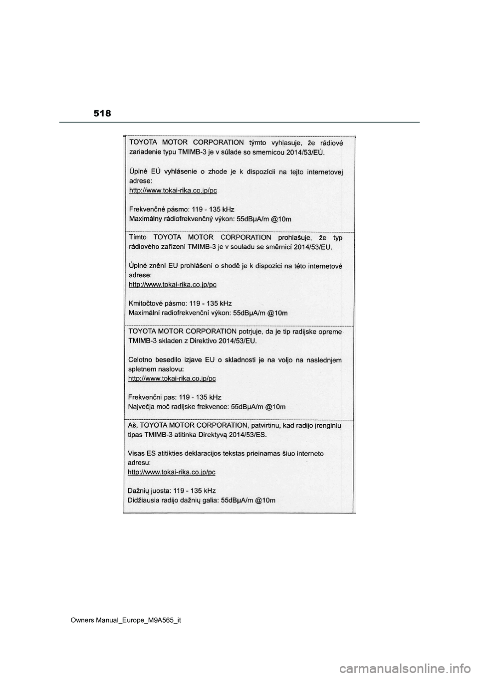 TOYOTA MIRAI 2023 Manuale duso (in Italian) 518
Owners Manual_Europe_M9A565_it TOYOTA MIRAI 2023 Manuale duso (in Italian) 518
Owners Manual_Europe_M9A565_it