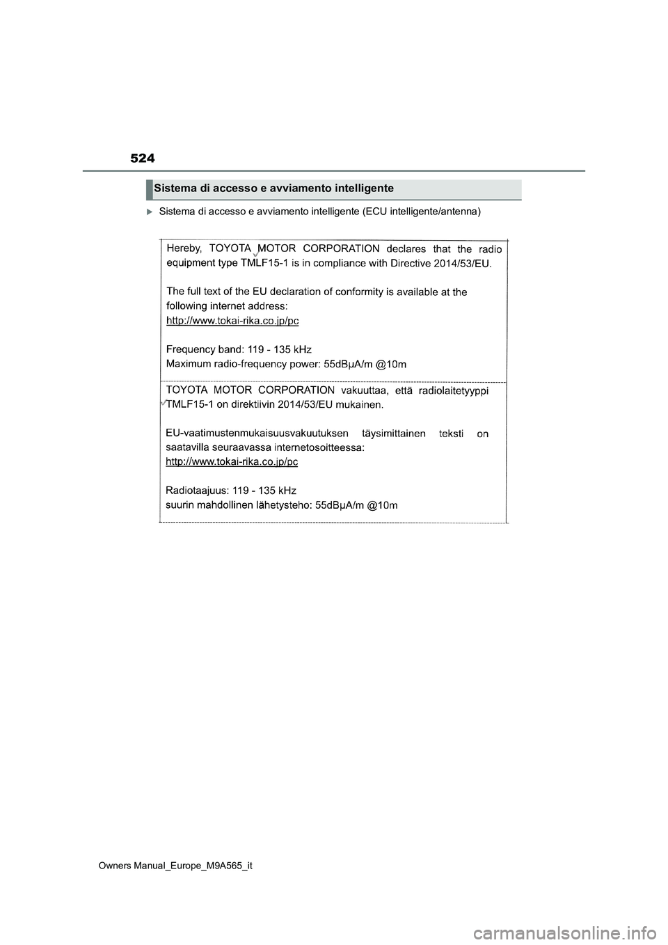 TOYOTA MIRAI 2023 Manuale duso (in Italian) 524
Owners Manual_Europe_M9A565_it
Sistema di accesso e avviamento intelligente (ECU intelligente/antenna)
Sistema di accesso e avviamento intelligente TOYOTA MIRAI 2023 Manuale duso (in Italian) 524
Owners Manual_Europe_M9A565_it
Sistema di accesso e avviamento intelligente (ECU intelligente/antenna)
Sistema di accesso e avviamento intelligente