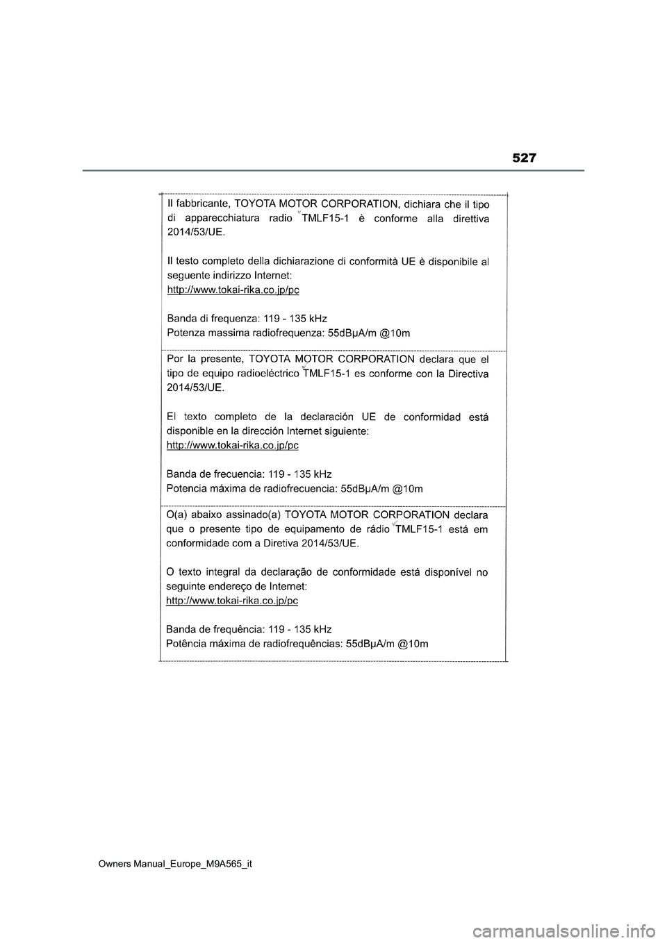 TOYOTA MIRAI 2023 Manuale duso (in Italian) 527
Owners Manual_Europe_M9A565_it TOYOTA MIRAI 2023 Manuale duso (in Italian) 527
Owners Manual_Europe_M9A565_it