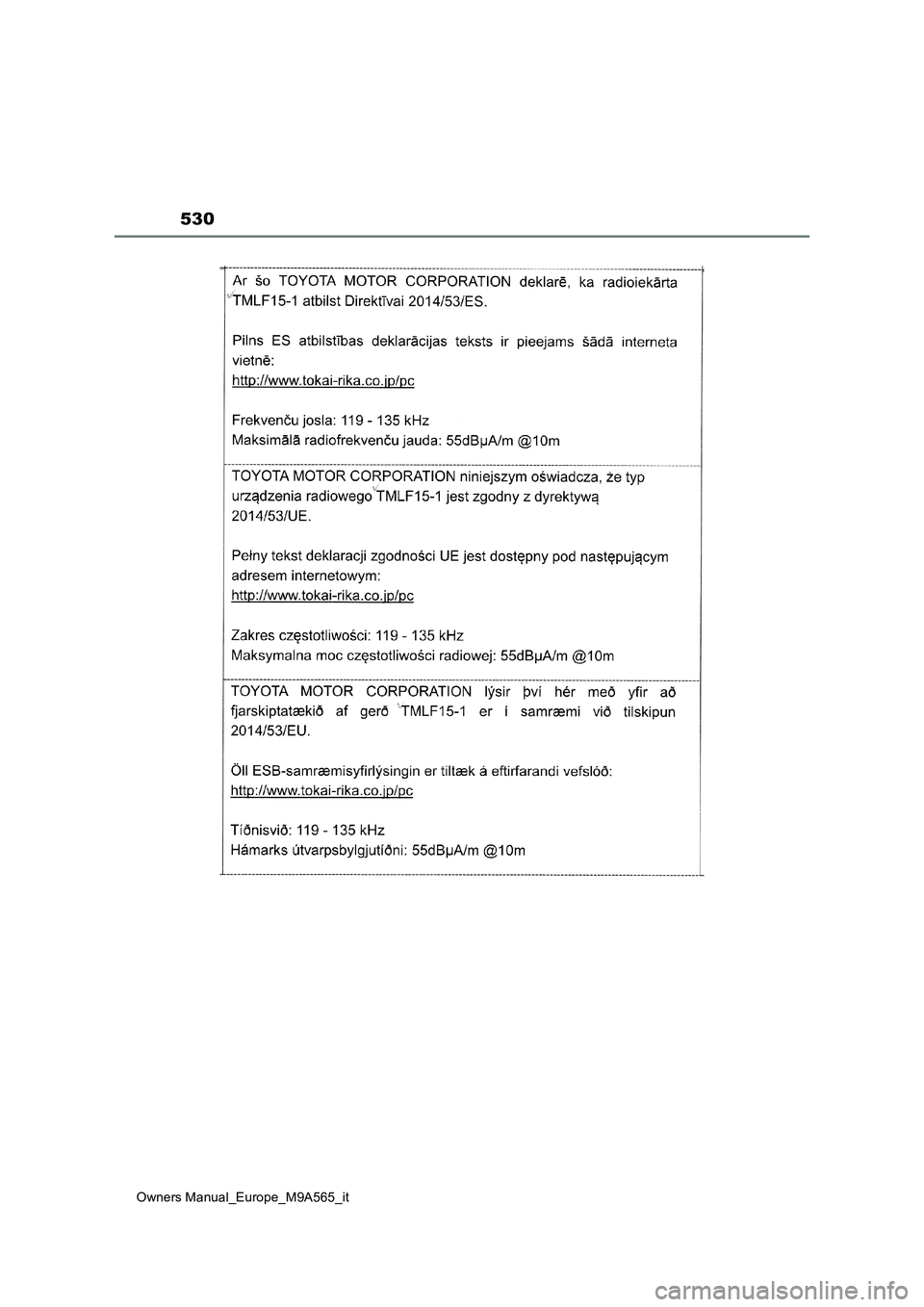 TOYOTA MIRAI 2023 Manuale duso (in Italian) 530
Owners Manual_Europe_M9A565_it TOYOTA MIRAI 2023 Manuale duso (in Italian) 530
Owners Manual_Europe_M9A565_it