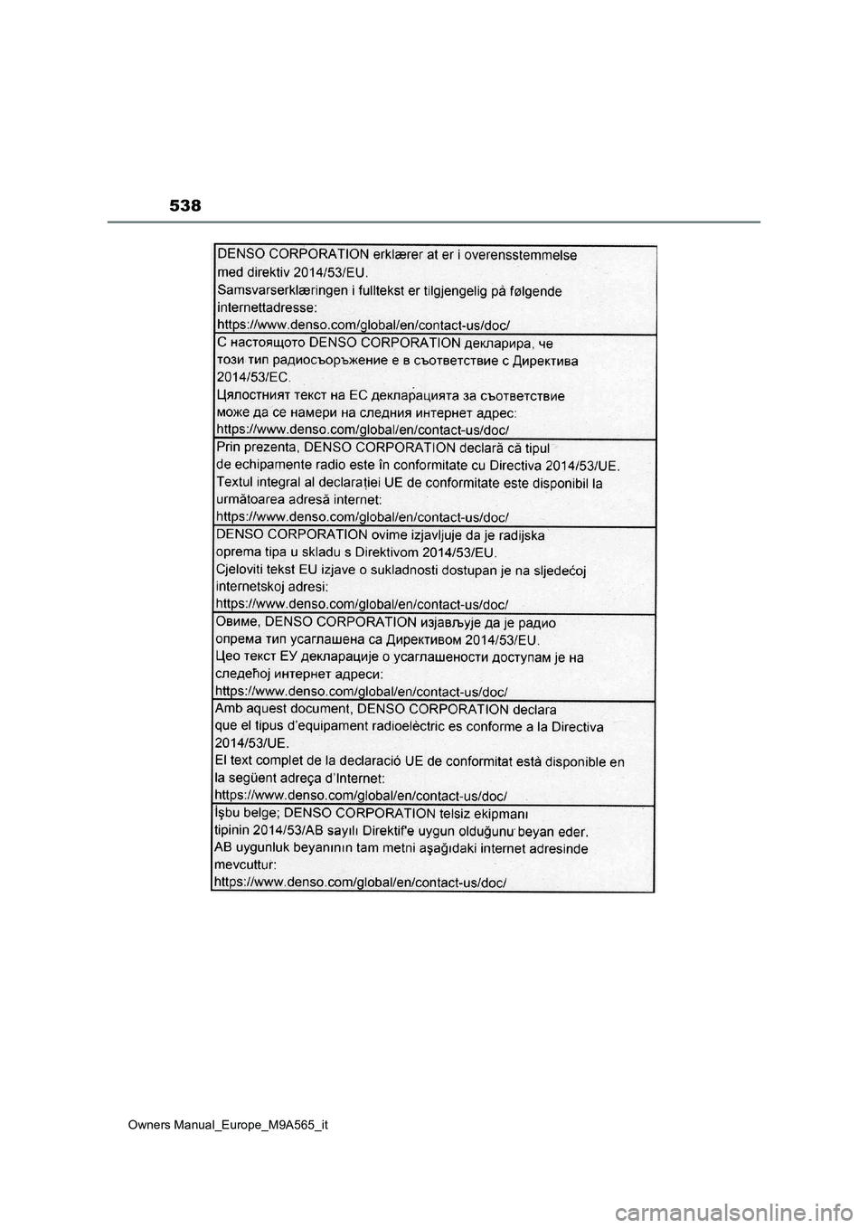 TOYOTA MIRAI 2023 Manuale duso (in Italian) 538
Owners Manual_Europe_M9A565_it TOYOTA MIRAI 2023 Manuale duso (in Italian) 538
Owners Manual_Europe_M9A565_it