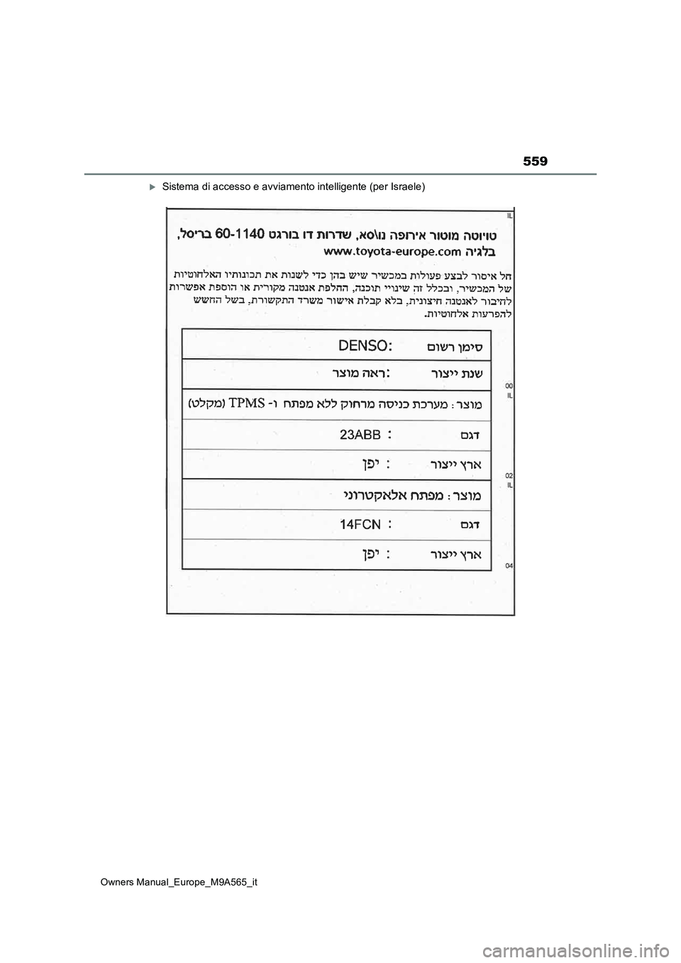 TOYOTA MIRAI 2023  Manuale duso (in Italian) 559
Owners Manual_Europe_M9A565_it
Sistema di accesso e avviamento intelligente (per Israele) 