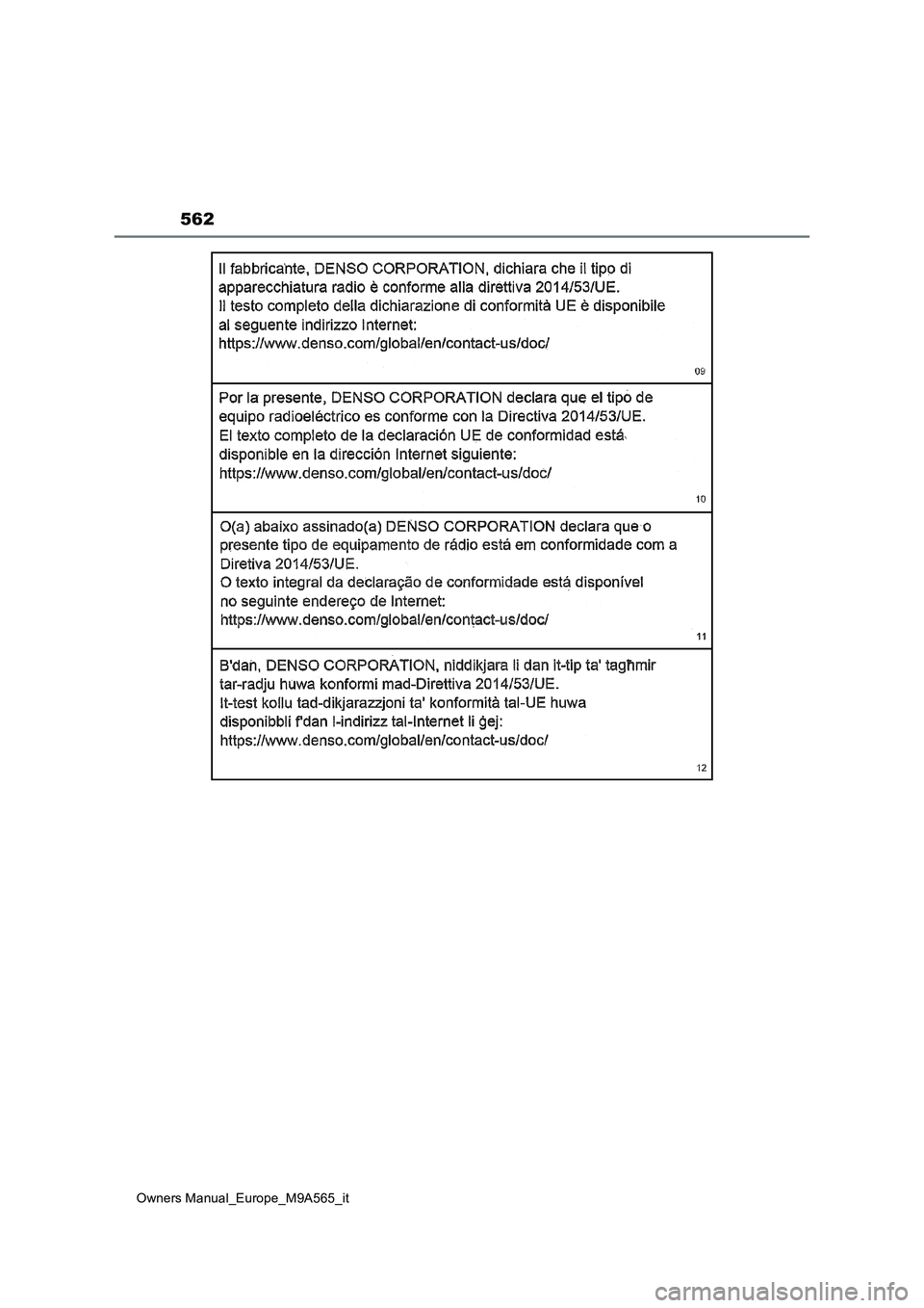 TOYOTA MIRAI 2023  Manuale duso (in Italian) 562
Owners Manual_Europe_M9A565_it 