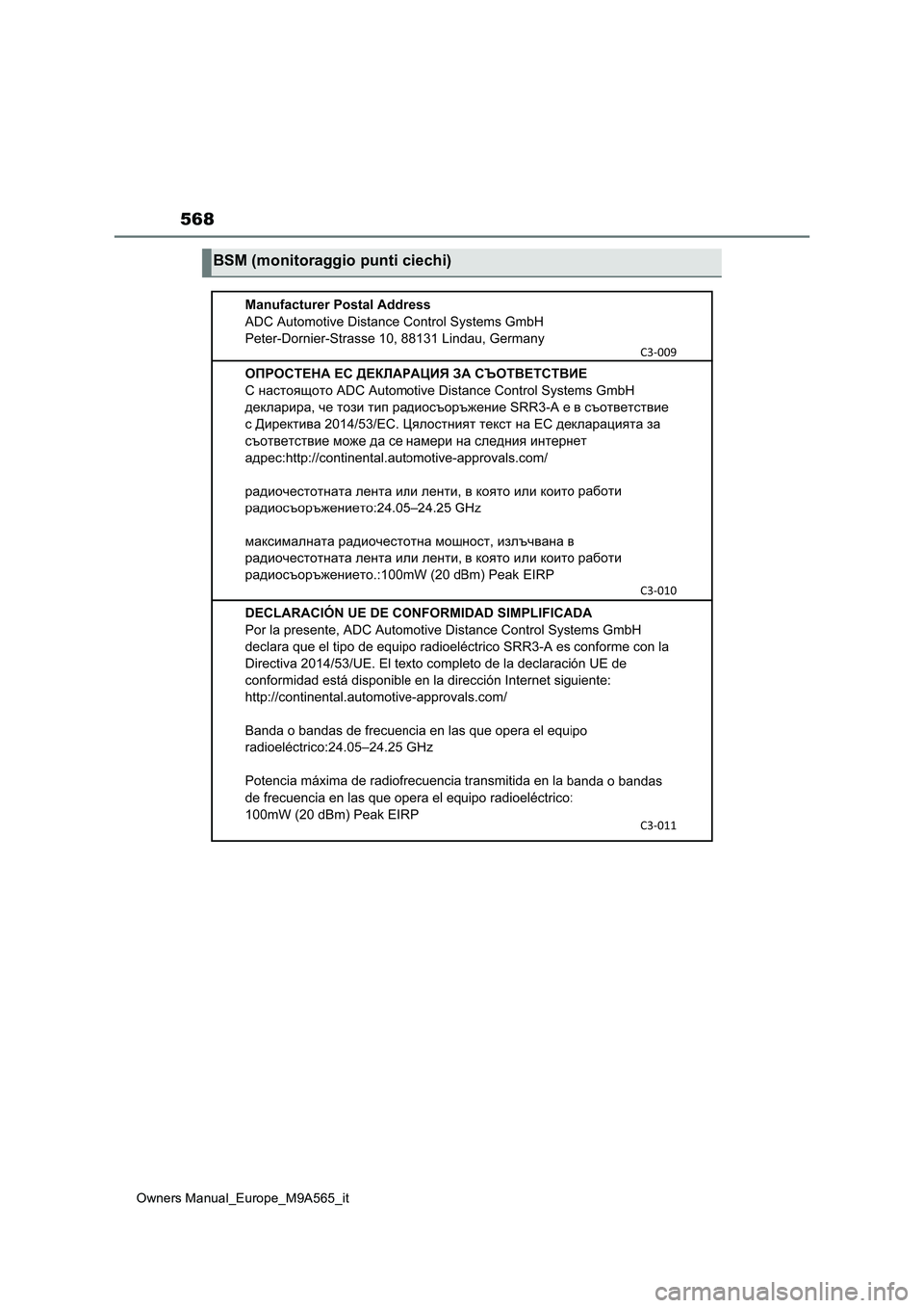 TOYOTA MIRAI 2023  Manuale duso (in Italian) 568
Owners Manual_Europe_M9A565_it
BSM (monitoraggio punti ciechi) 