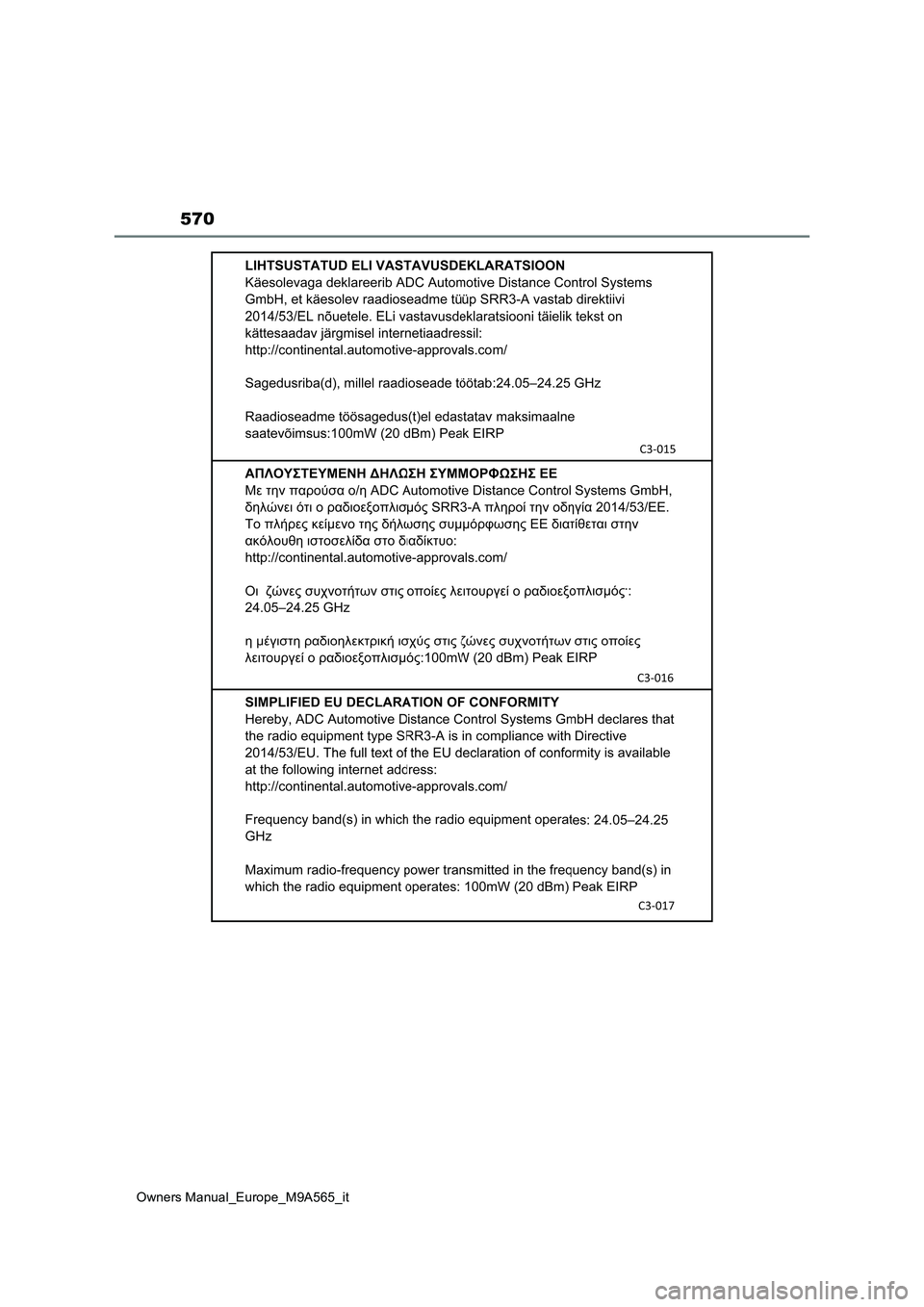 TOYOTA MIRAI 2023 Manuale duso (in Italian) 570
Owners Manual_Europe_M9A565_it TOYOTA MIRAI 2023 Manuale duso (in Italian) 570
Owners Manual_Europe_M9A565_it