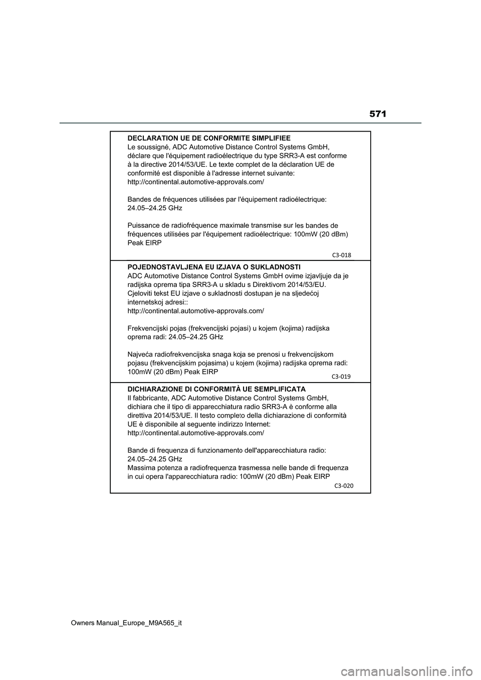 TOYOTA MIRAI 2023 Manuale duso (in Italian) 571
Owners Manual_Europe_M9A565_it TOYOTA MIRAI 2023 Manuale duso (in Italian) 571
Owners Manual_Europe_M9A565_it