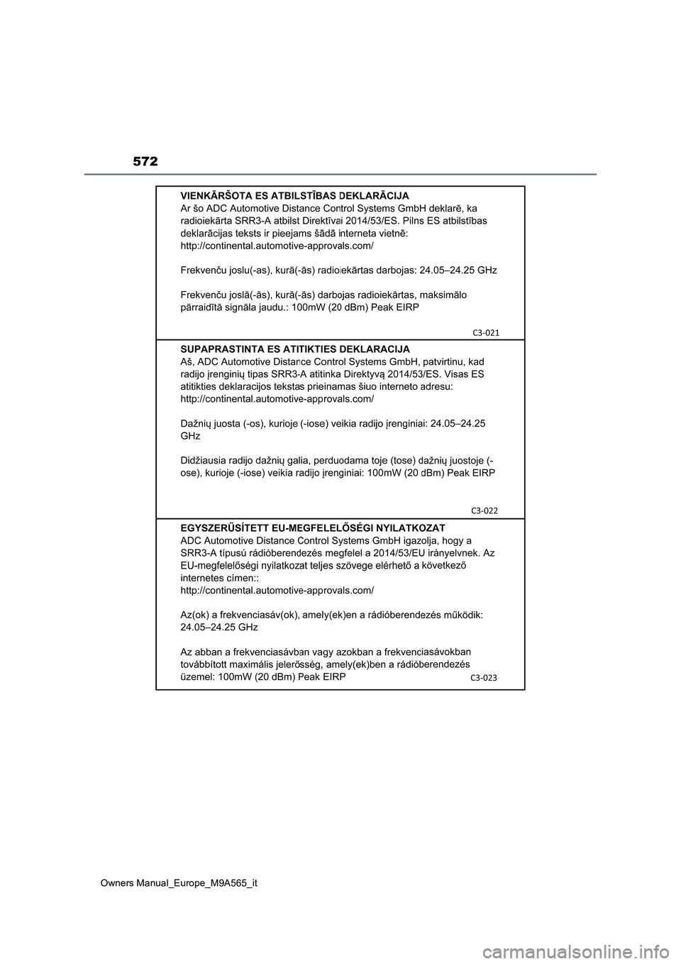 TOYOTA MIRAI 2023 Manuale duso (in Italian) 572
Owners Manual_Europe_M9A565_it TOYOTA MIRAI 2023 Manuale duso (in Italian) 572
Owners Manual_Europe_M9A565_it