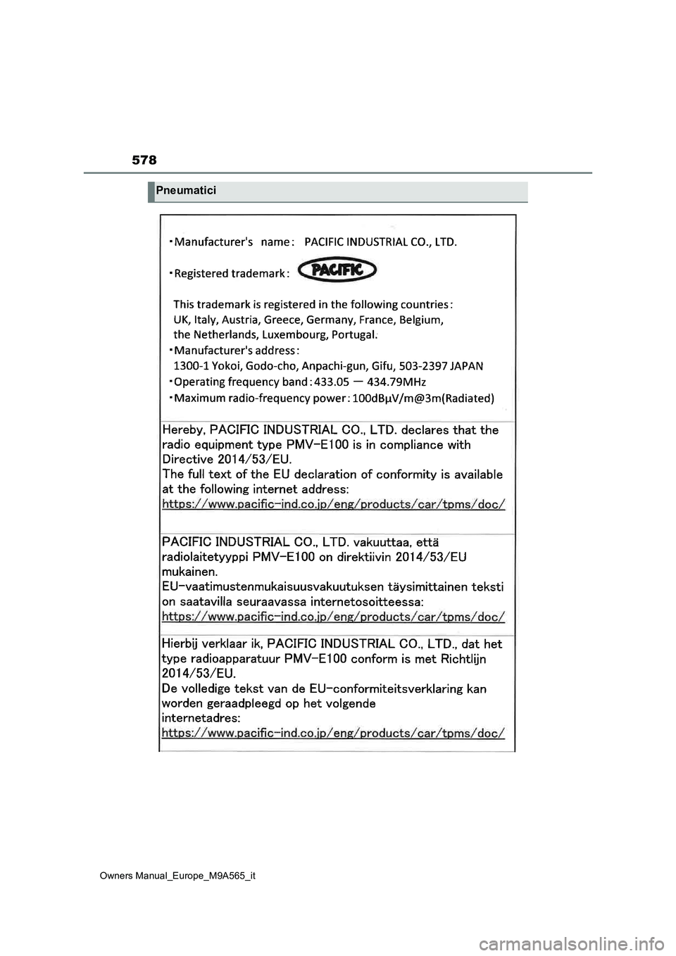 TOYOTA MIRAI 2023 Manuale duso (in Italian) 578
Owners Manual_Europe_M9A565_it
Pneumatici TOYOTA MIRAI 2023 Manuale duso (in Italian) 578
Owners Manual_Europe_M9A565_it
Pneumatici