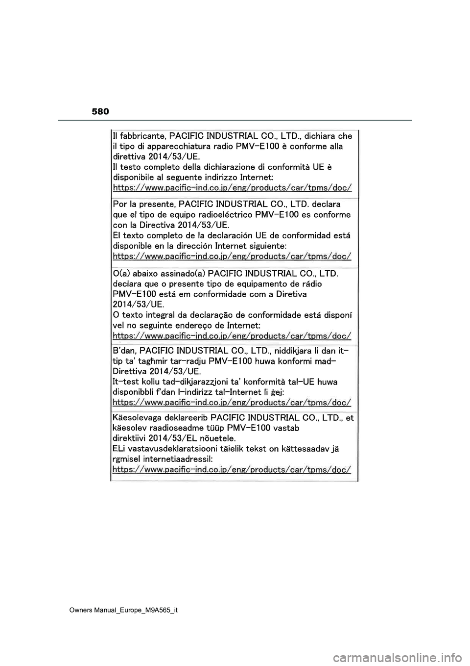 TOYOTA MIRAI 2023 Manuale duso (in Italian) 580
Owners Manual_Europe_M9A565_it TOYOTA MIRAI 2023 Manuale duso (in Italian) 580
Owners Manual_Europe_M9A565_it