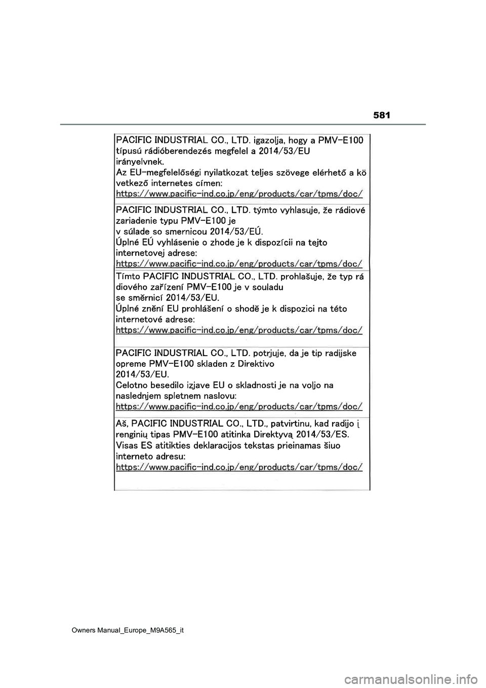 TOYOTA MIRAI 2023 Manuale duso (in Italian) 581
Owners Manual_Europe_M9A565_it TOYOTA MIRAI 2023 Manuale duso (in Italian) 581
Owners Manual_Europe_M9A565_it