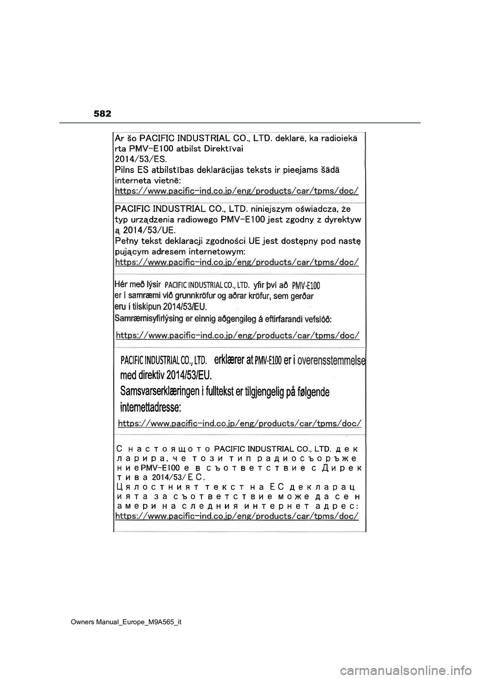 TOYOTA MIRAI 2023 Manuale duso (in Italian) 582
Owners Manual_Europe_M9A565_it TOYOTA MIRAI 2023 Manuale duso (in Italian) 582
Owners Manual_Europe_M9A565_it