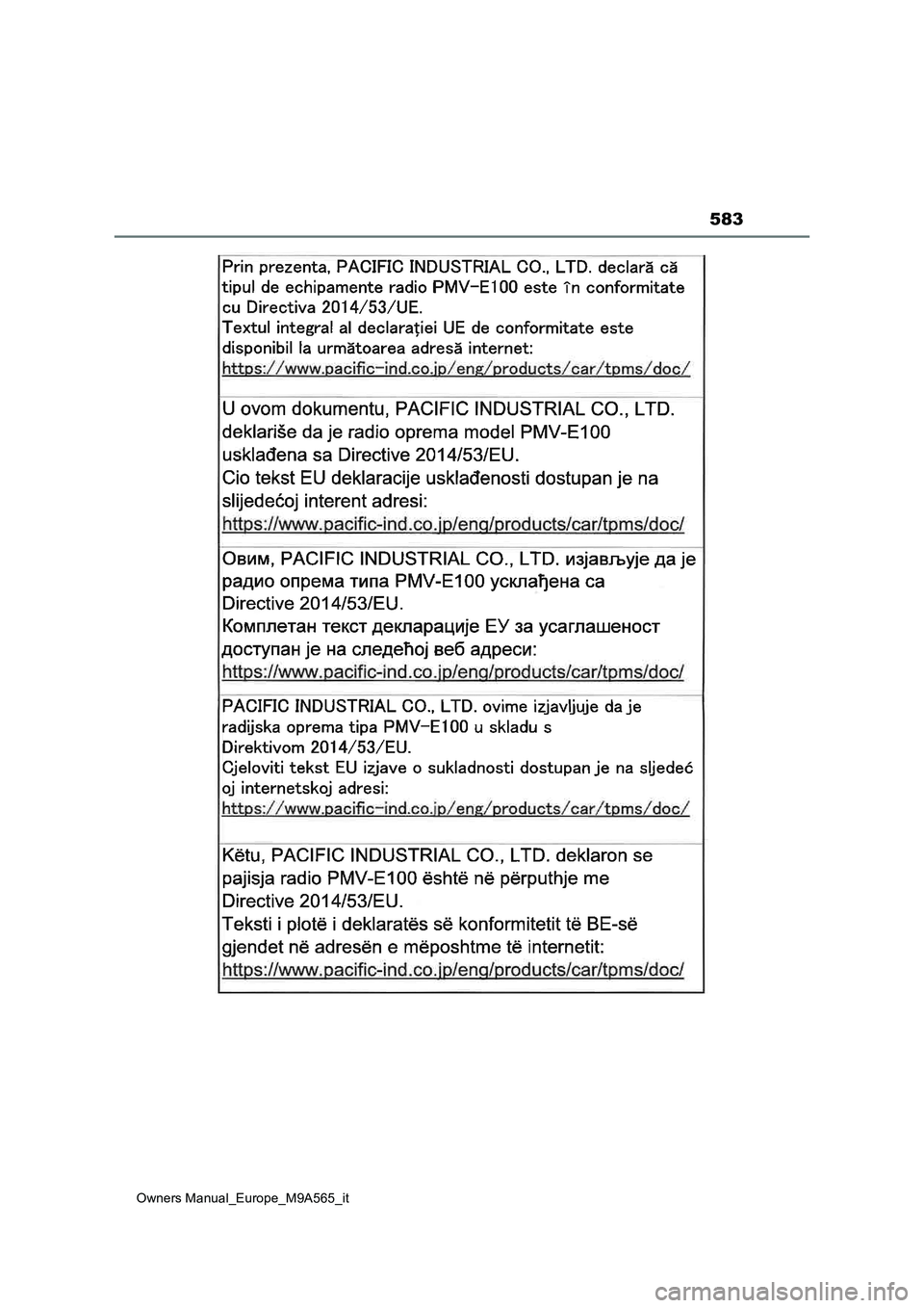 TOYOTA MIRAI 2023 Manuale duso (in Italian) 583
Owners Manual_Europe_M9A565_it TOYOTA MIRAI 2023 Manuale duso (in Italian) 583
Owners Manual_Europe_M9A565_it